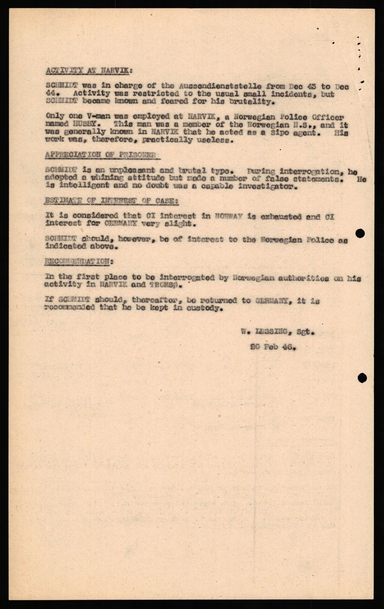 Forsvaret, Forsvarets overkommando II, RA/RAFA-3915/D/Db/L0029: CI Questionaires. Tyske okkupasjonsstyrker i Norge. Tyskere., 1945-1946, s. 408