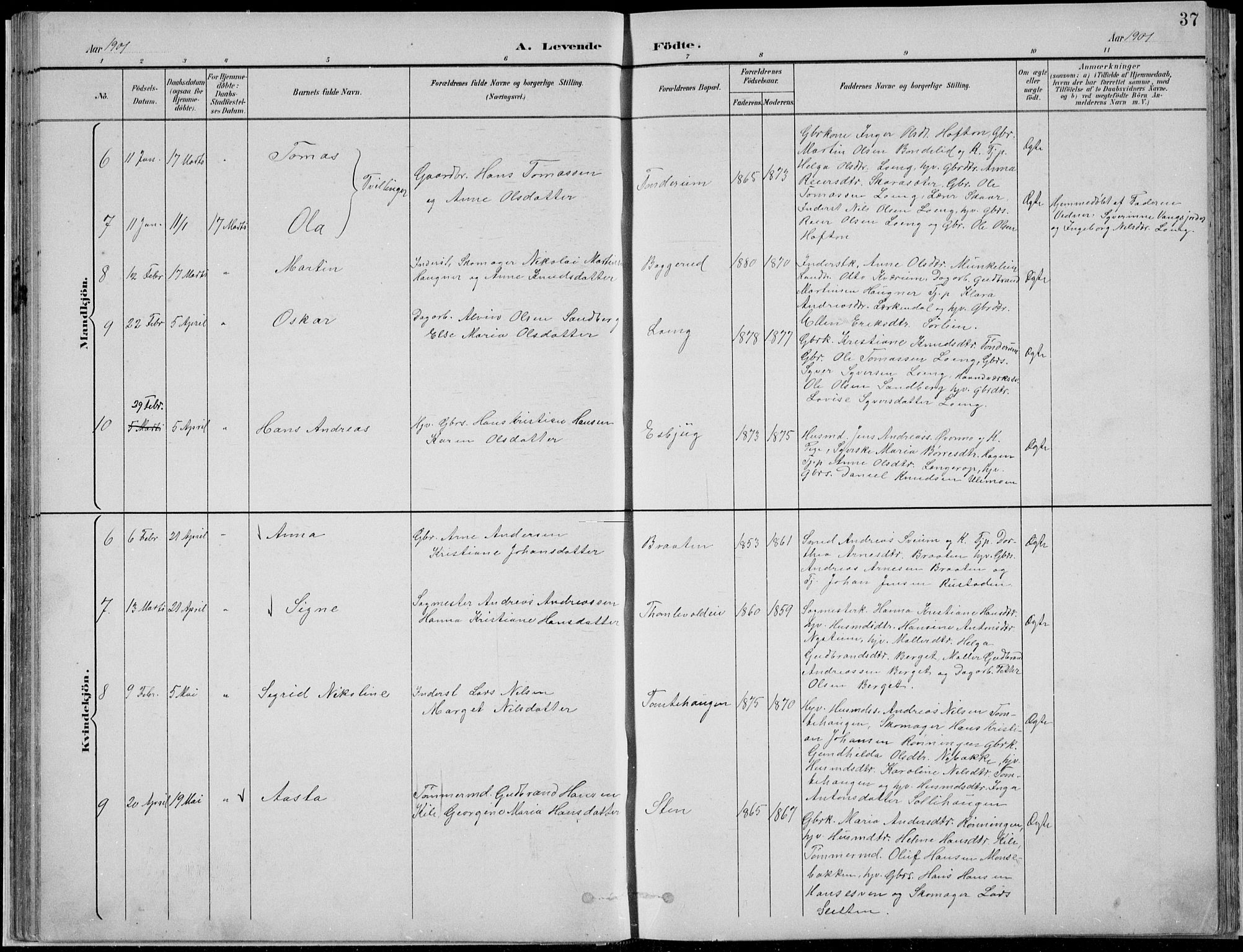 Nordre Land prestekontor, SAH/PREST-124/H/Ha/Hab/L0013: Klokkerbok nr. 13, 1891-1904, s. 37