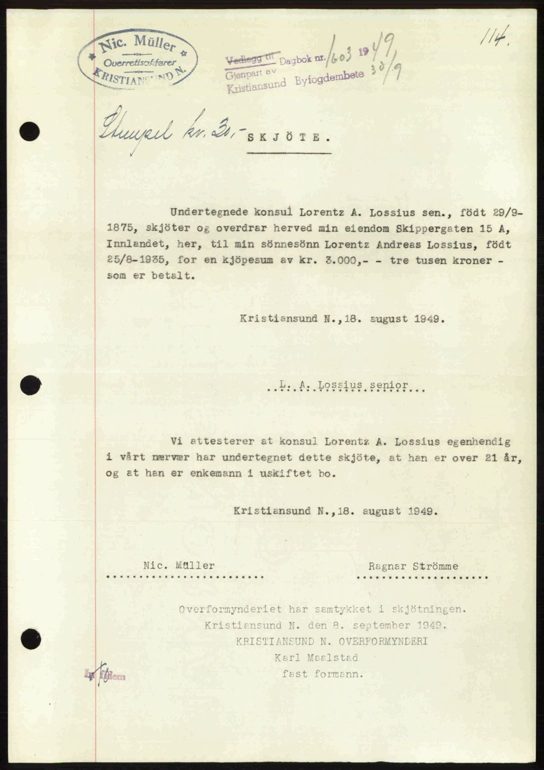 Kristiansund byfogd, AV/SAT-A-4587/A/27: Pantebok nr. 46, 1949-1950, Dagboknr: 1603/1949