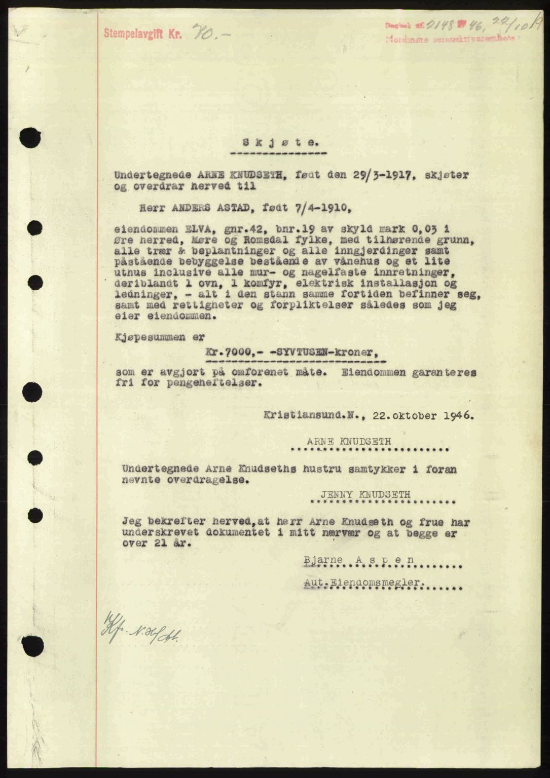 Nordmøre sorenskriveri, AV/SAT-A-4132/1/2/2Ca: Pantebok nr. A103, 1946-1947, Dagboknr: 2148/1946