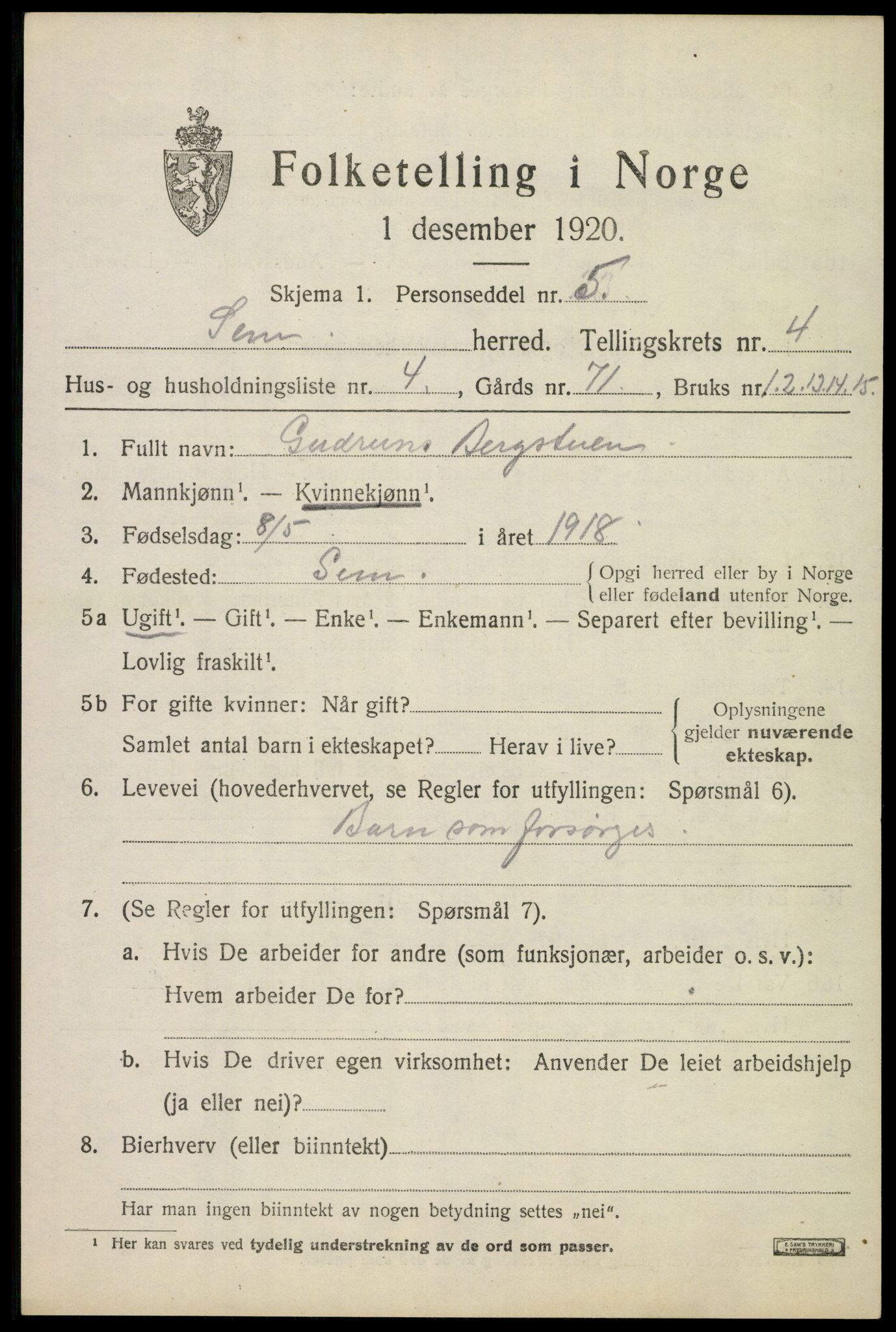 SAKO, Folketelling 1920 for 0721 Sem herred, 1920, s. 7115