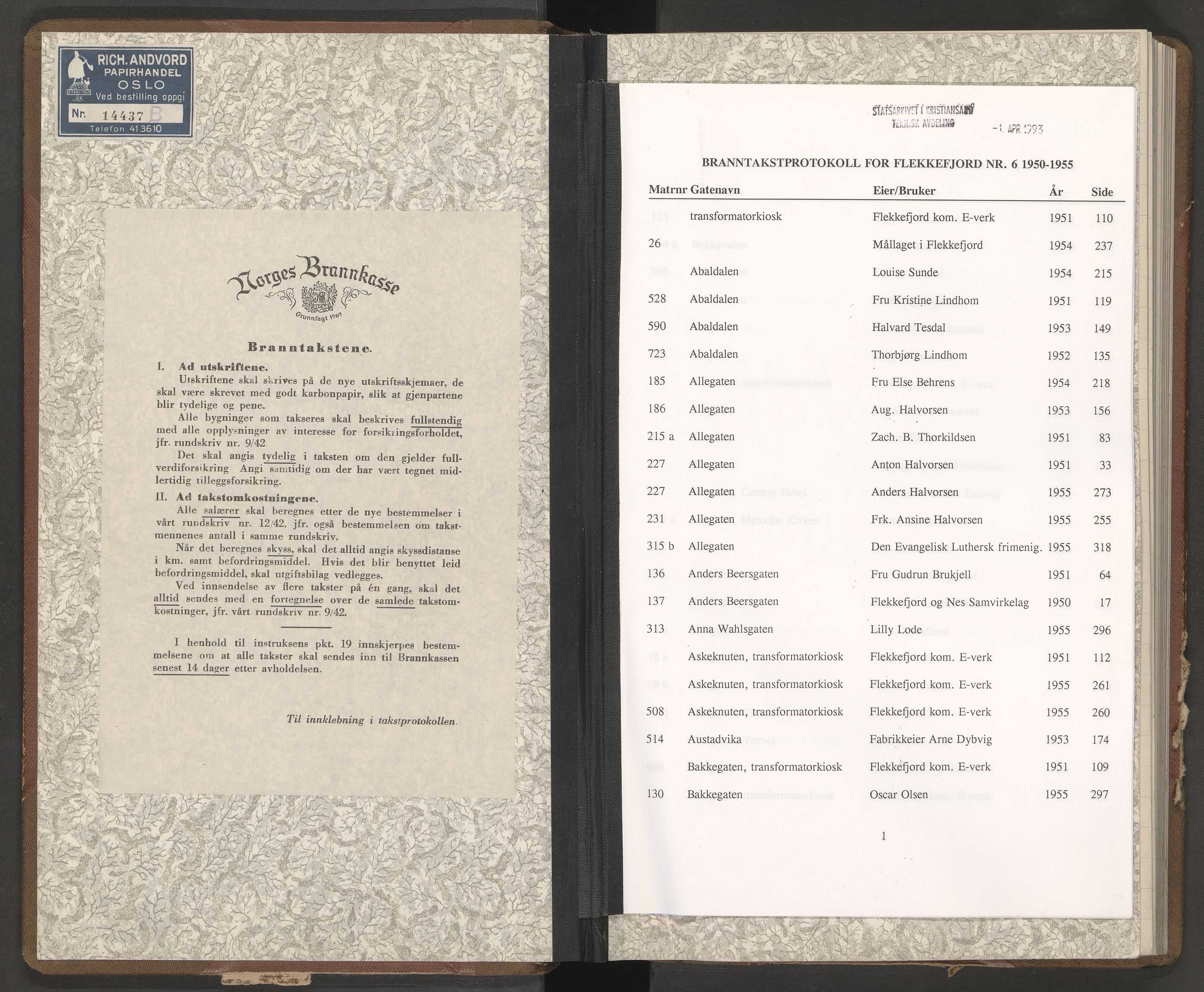 Norges Brannkasse Flekkefjord, AV/SAK-2241-0015/F/Fa/L0006: Branntakstprotokoll nr. 6 med gatenavnregister, 1950-1955