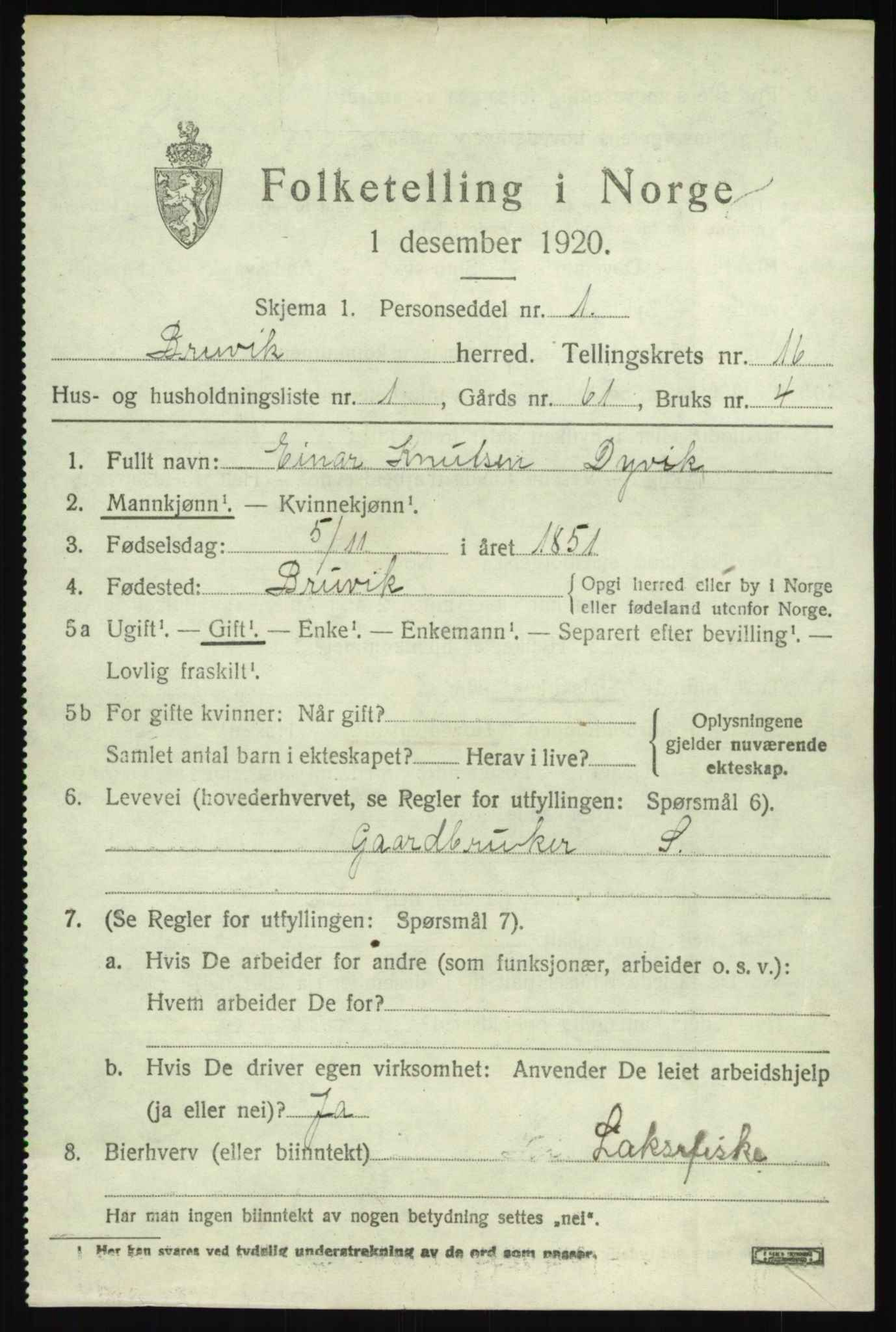 SAB, Folketelling 1920 for 1251 Bruvik herred, 1920, s. 9540