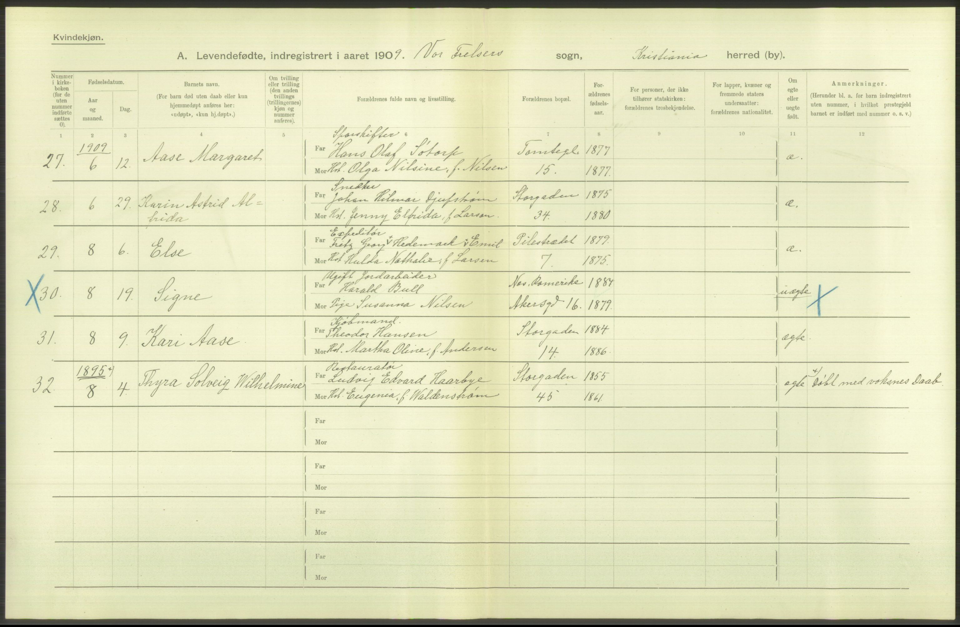 Statistisk sentralbyrå, Sosiodemografiske emner, Befolkning, RA/S-2228/D/Df/Dfa/Dfag/L0007: Kristiania: Levendefødte menn og kvinner., 1909, s. 782