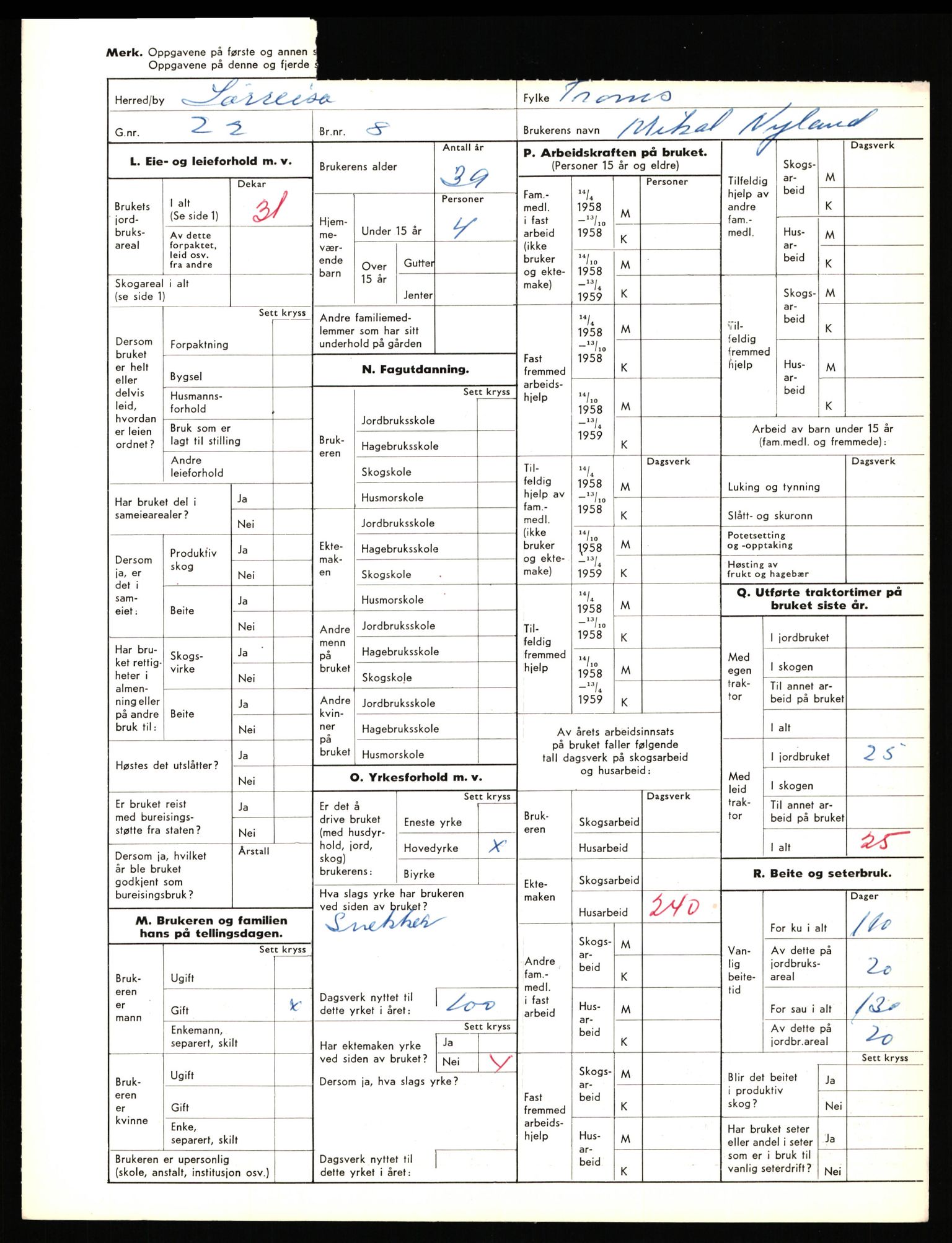 Statistisk sentralbyrå, Næringsøkonomiske emner, Jordbruk, skogbruk, jakt, fiske og fangst, AV/RA-S-2234/G/Gd/L0656: Troms: 1924 Målselv (kl. 0-3) og 1925 Sørreisa, 1959, s. 425