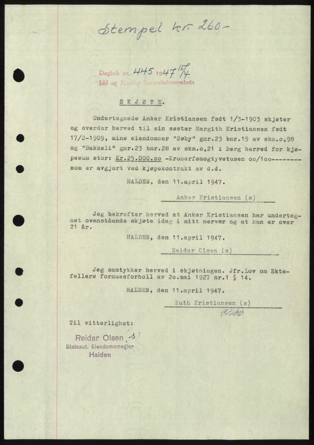 Idd og Marker sorenskriveri, SAO/A-10283/G/Gb/Gbb/L0009: Pantebok nr. A9, 1946-1947, Dagboknr: 445/1947