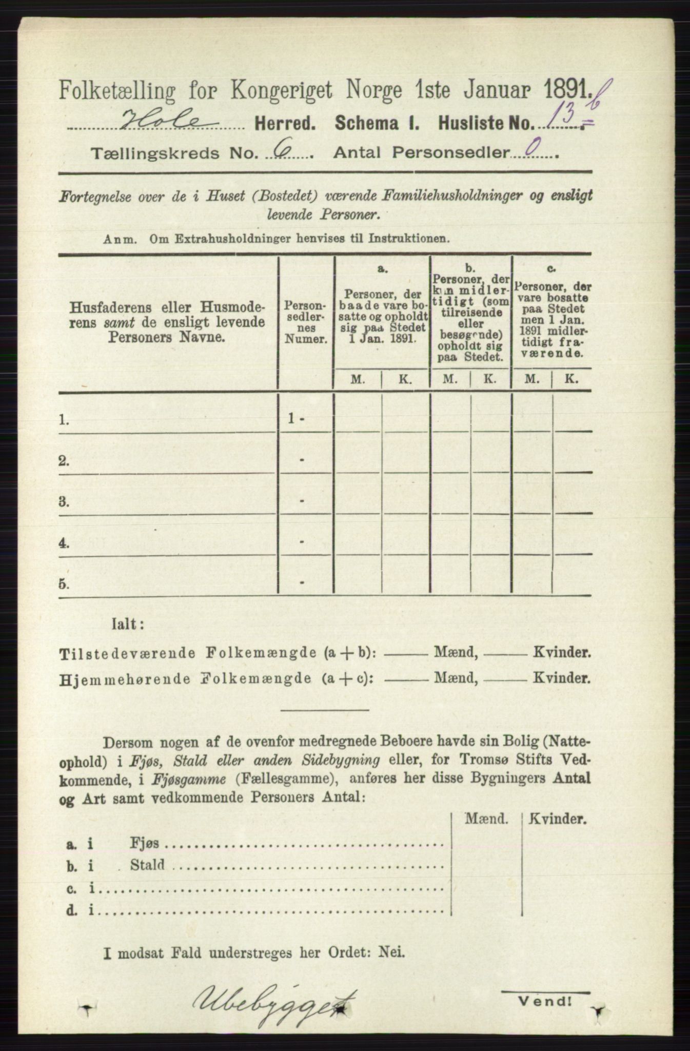 RA, Folketelling 1891 for 0612 Hole herred, 1891, s. 2986