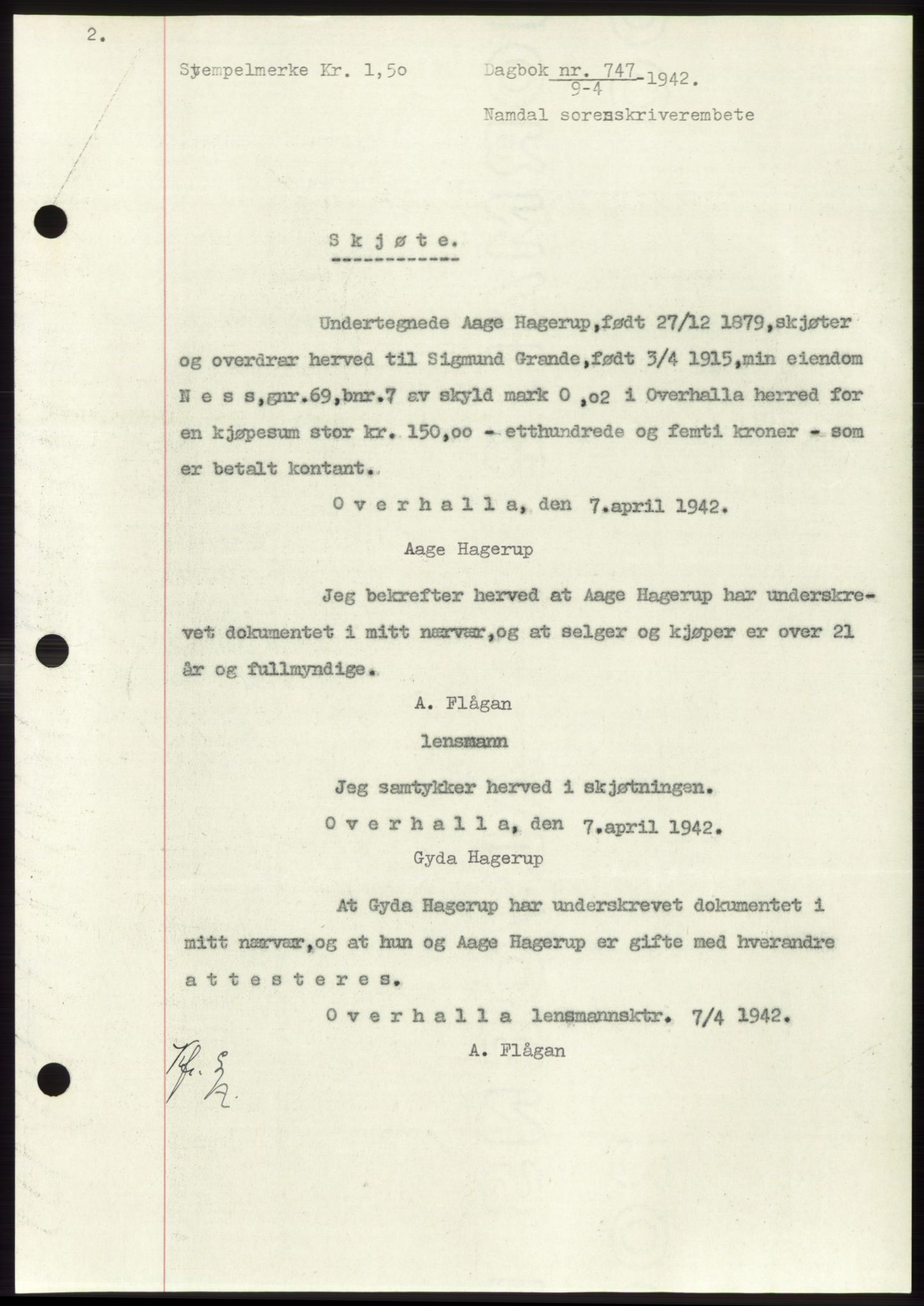 Namdal sorenskriveri, SAT/A-4133/1/2/2C: Pantebok nr. -, 1941-1942, Dagboknr: 747/1942