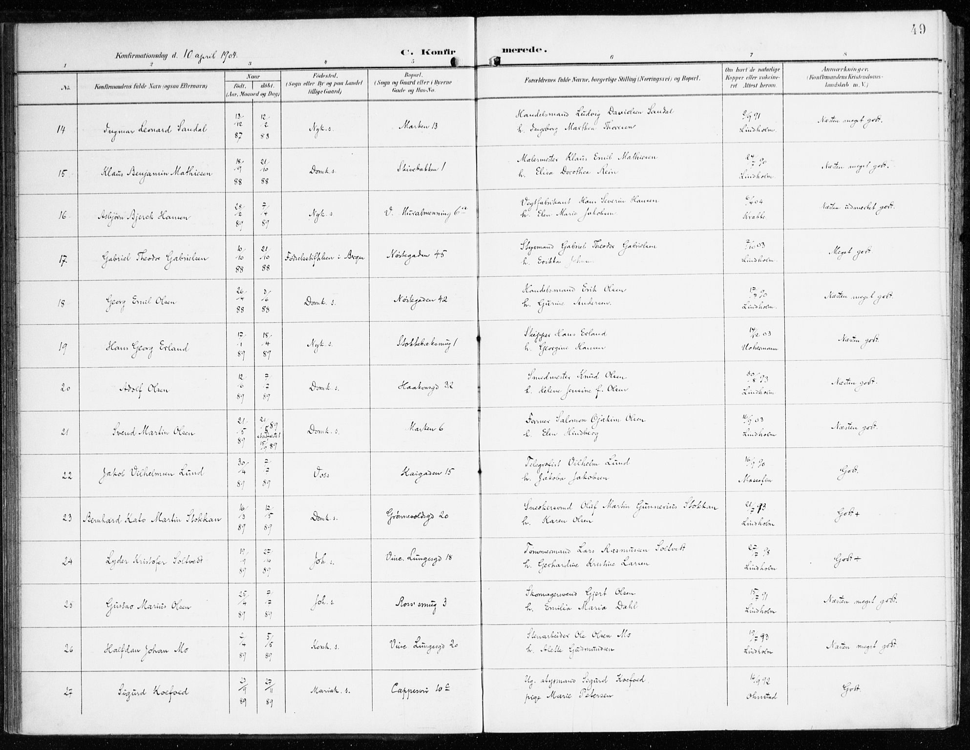 Domkirken sokneprestembete, AV/SAB-A-74801/H/Haa/L0031: Ministerialbok nr. C 6, 1898-1915, s. 49