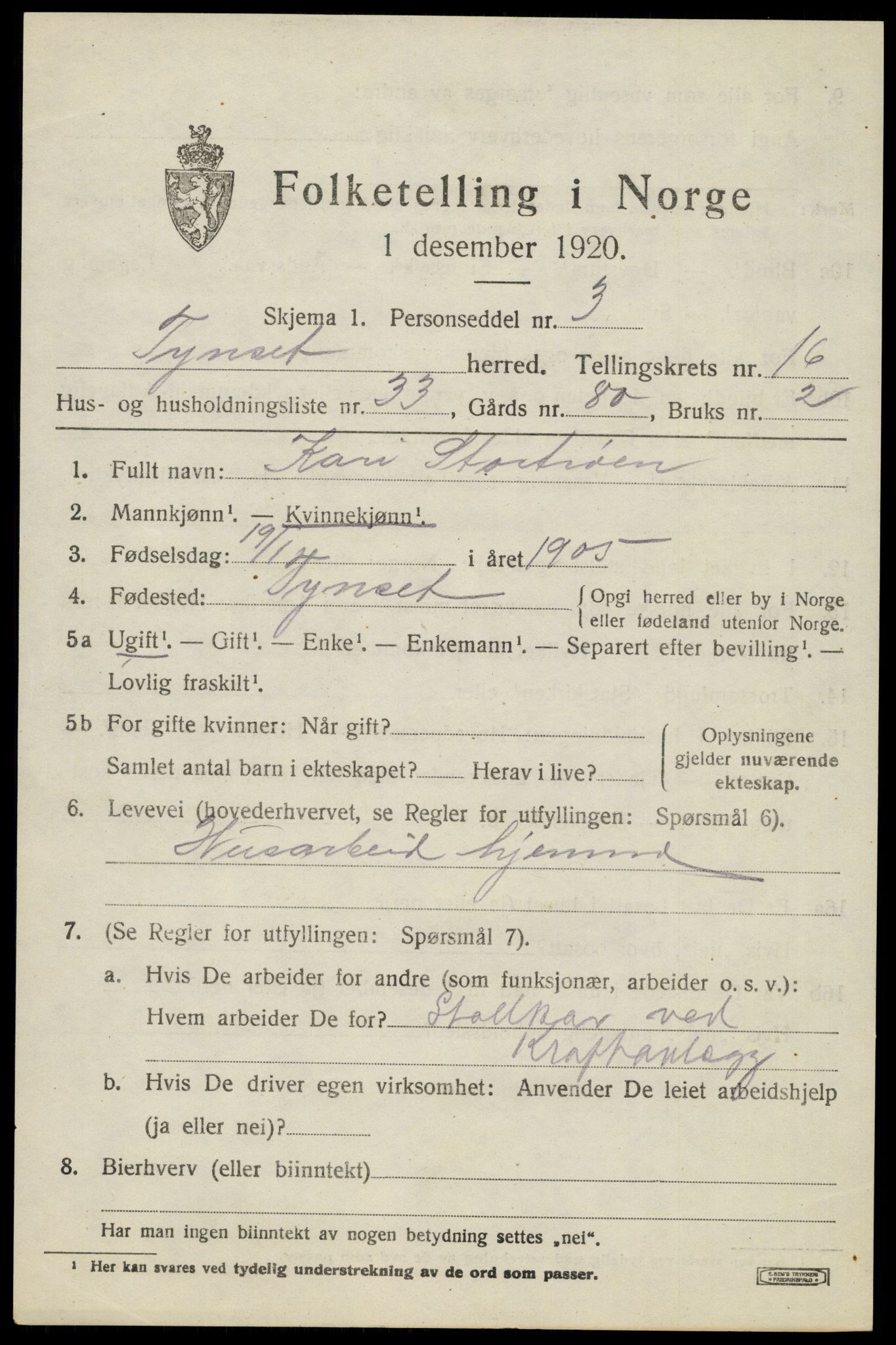 SAH, Folketelling 1920 for 0437 Tynset herred, 1920, s. 10048