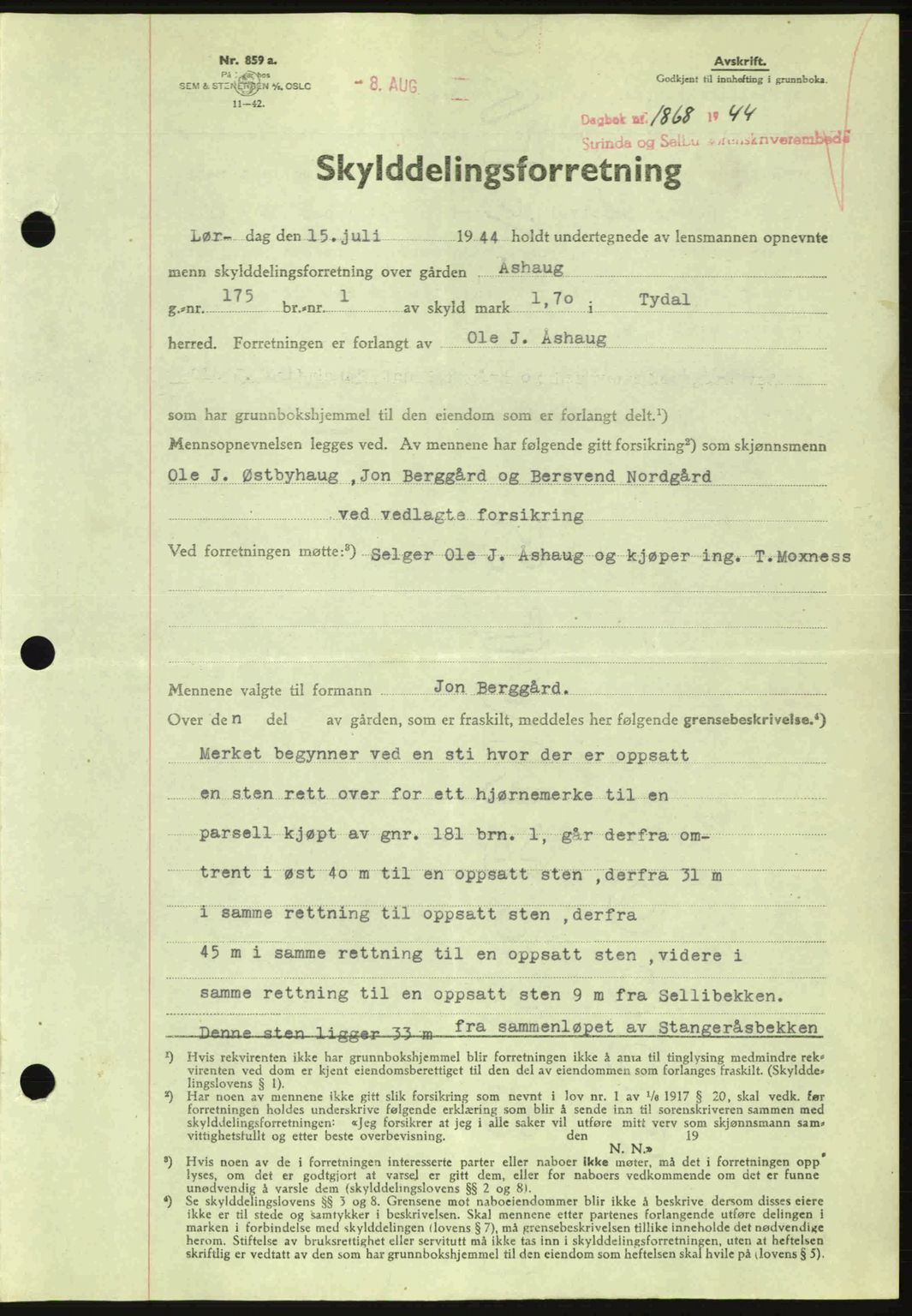 Strinda og Selbu sorenskriveri, SAT/A-0015/2/2C: Pantebok nr. A9, 1944-1945, Dagboknr: 1868/1944