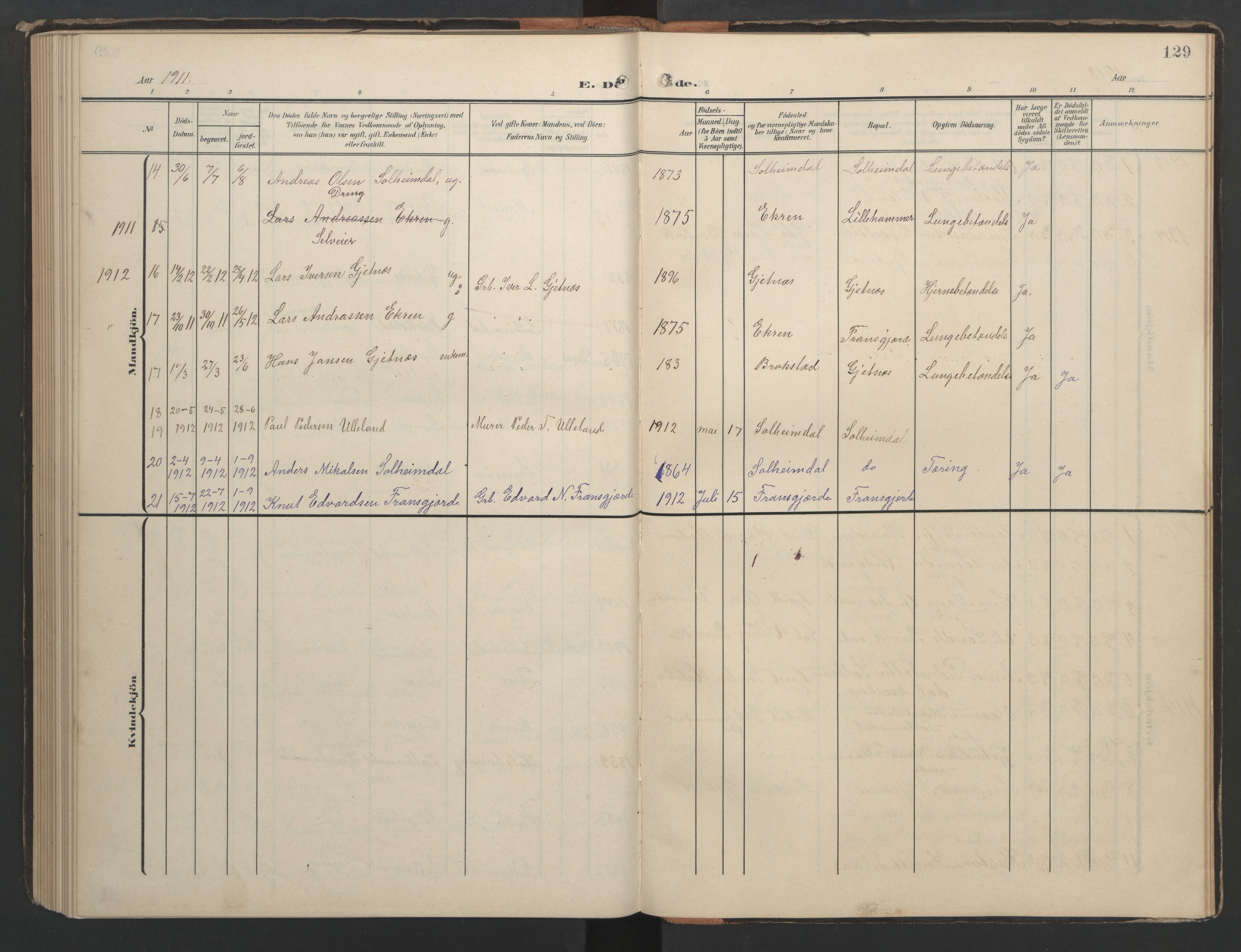 Ministerialprotokoller, klokkerbøker og fødselsregistre - Møre og Romsdal, SAT/A-1454/556/L0677: Klokkerbok nr. 556C01, 1907-1953, s. 129