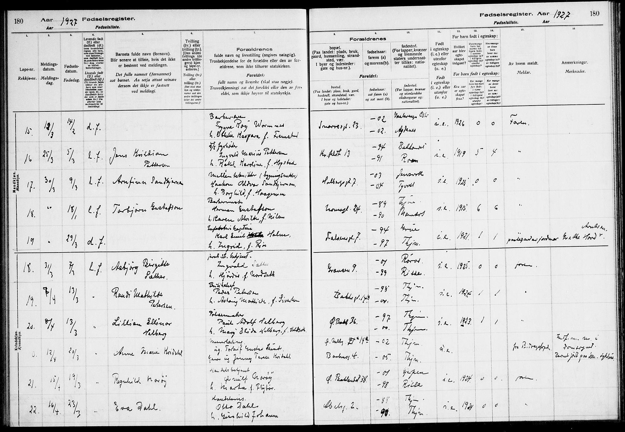 Ministerialprotokoller, klokkerbøker og fødselsregistre - Sør-Trøndelag, AV/SAT-A-1456/604/L0233: Fødselsregister nr. 604.II.4.2, 1920-1928, s. 180