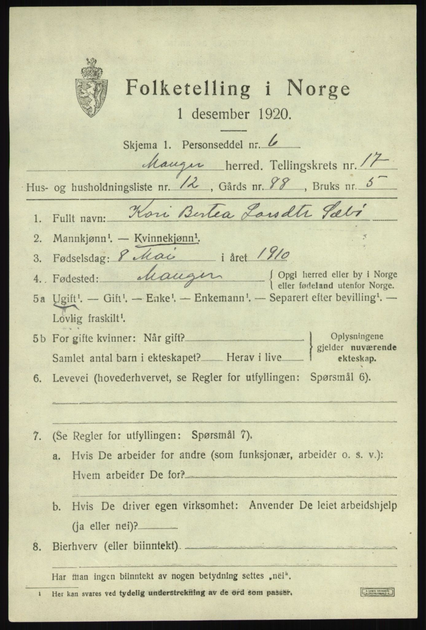 SAB, Folketelling 1920 for 1261 Manger herred, 1920, s. 9698