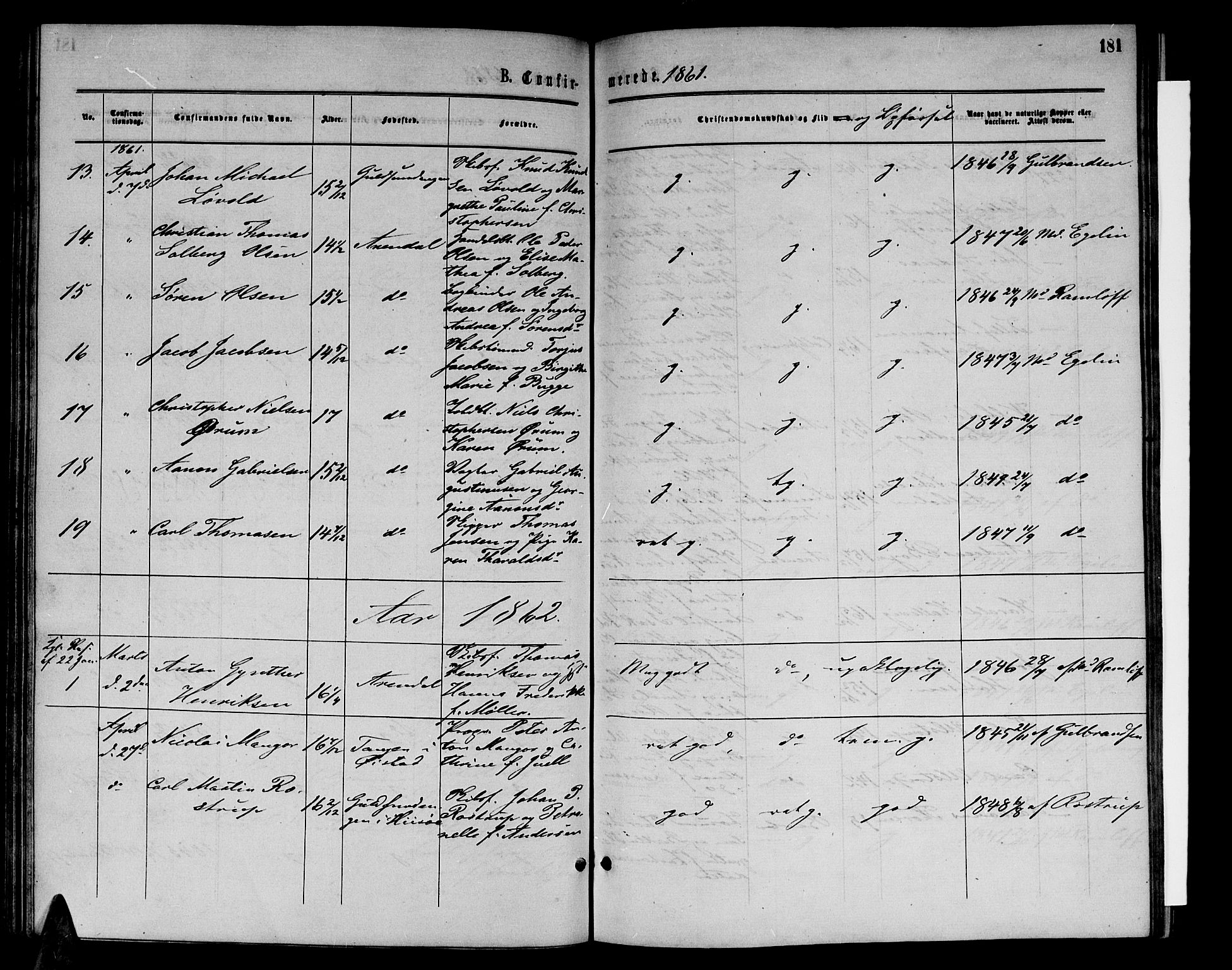 Arendal sokneprestkontor, Trefoldighet, SAK/1111-0040/F/Fb/L0004: Klokkerbok nr. B 4, 1861-1873, s. 181