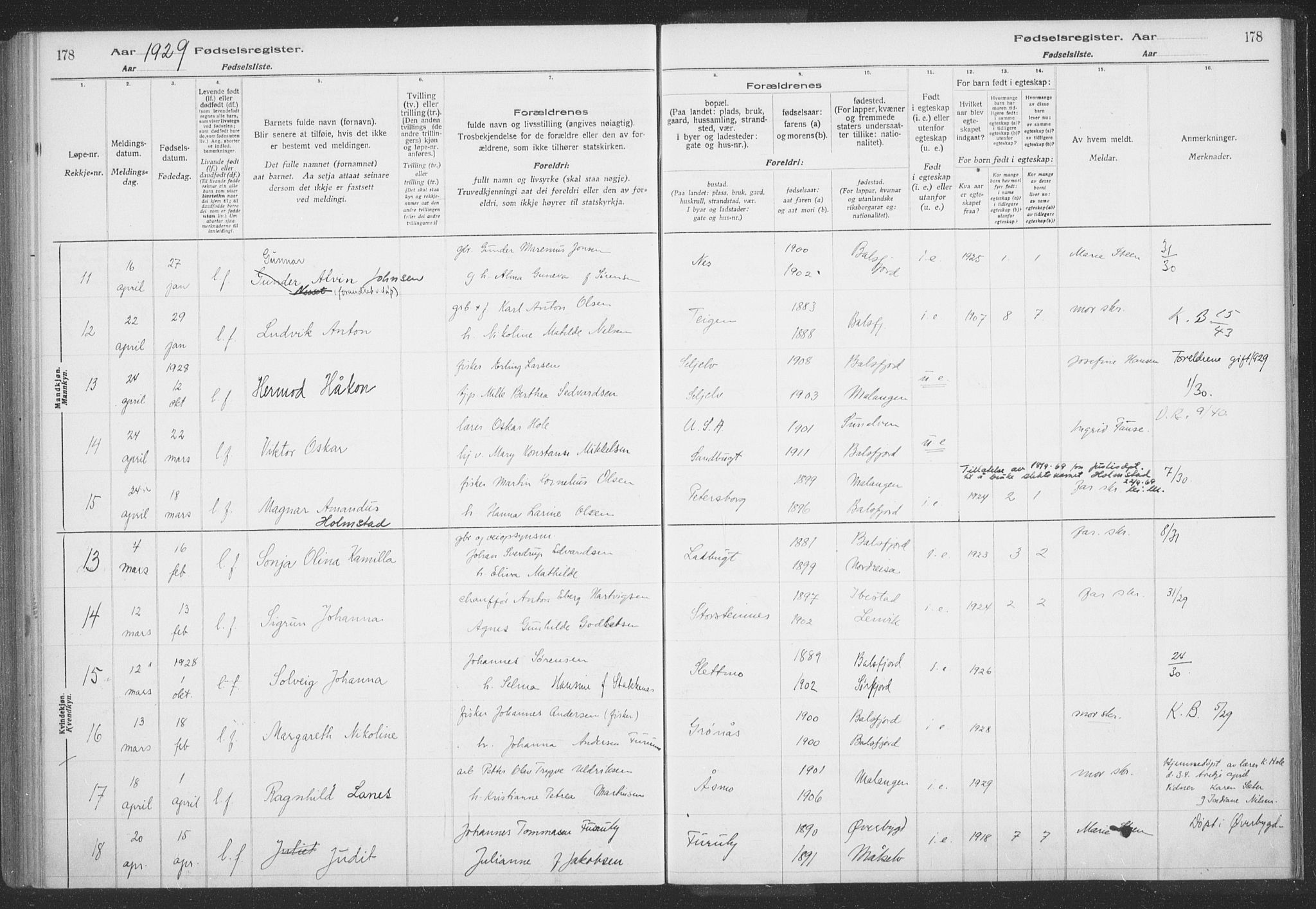 Balsfjord sokneprestembete, AV/SATØ-S-1303/H/Hb/L0059: Fødselsregister nr. 59, 1916-1930, s. 178