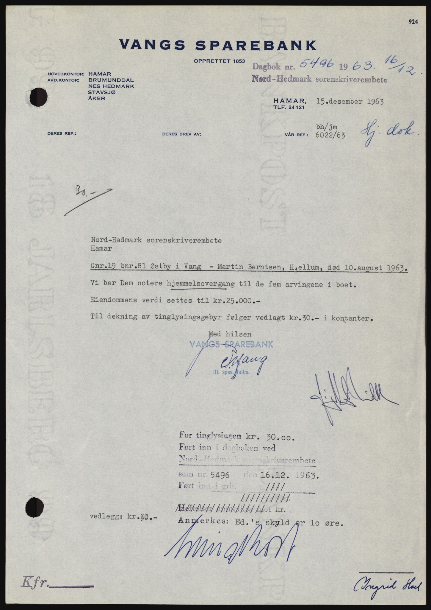 Nord-Hedmark sorenskriveri, SAH/TING-012/H/Hc/L0019: Pantebok nr. 19, 1963-1964, Dagboknr: 5496/1963