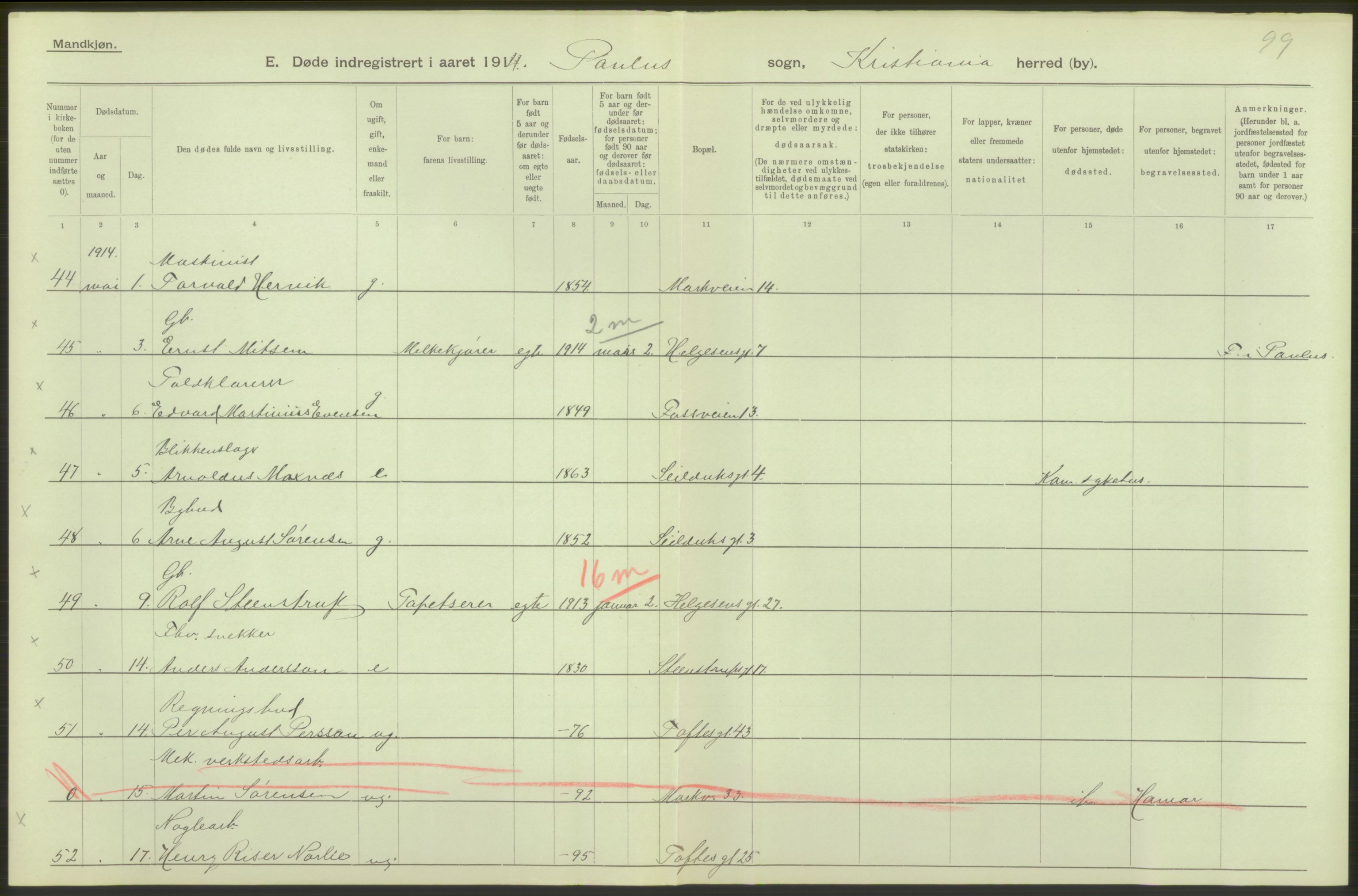 Statistisk sentralbyrå, Sosiodemografiske emner, Befolkning, AV/RA-S-2228/D/Df/Dfb/Dfbd/L0008: Kristiania: Døde, 1914, s. 266