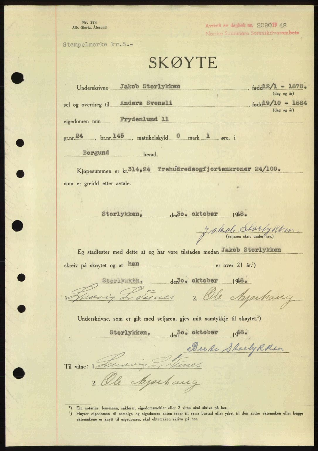 Nordre Sunnmøre sorenskriveri, AV/SAT-A-0006/1/2/2C/2Ca: Pantebok nr. A29, 1948-1949, Dagboknr: 2090/1948