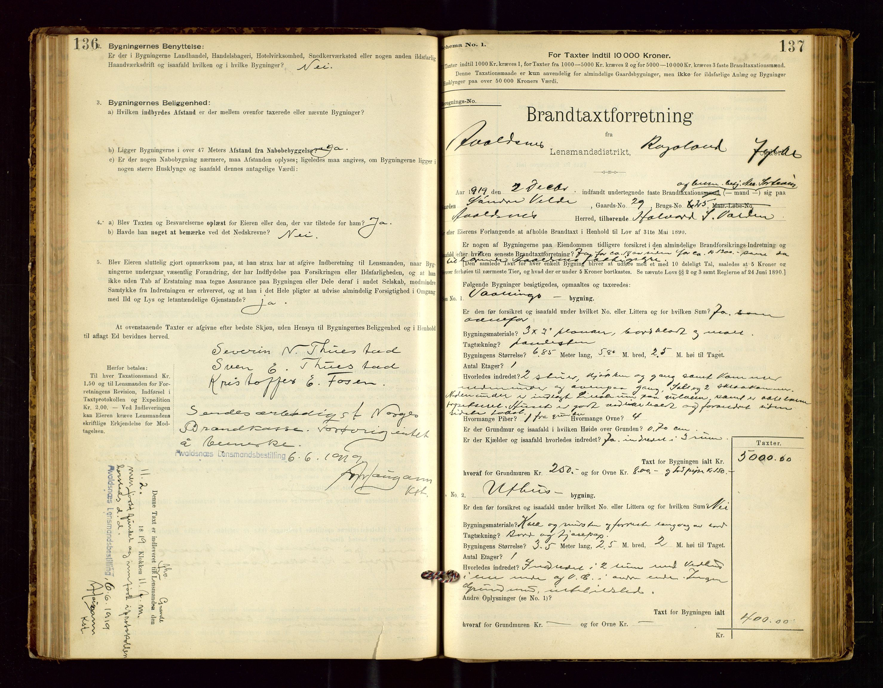 Avaldsnes lensmannskontor, SAST/A-100286/Gob/L0001: "Brandtaxationsprotokol for Avaldsnes Lensmandsdistrikt Ryfylke Fogderi", 1894-1925, s. 136-137
