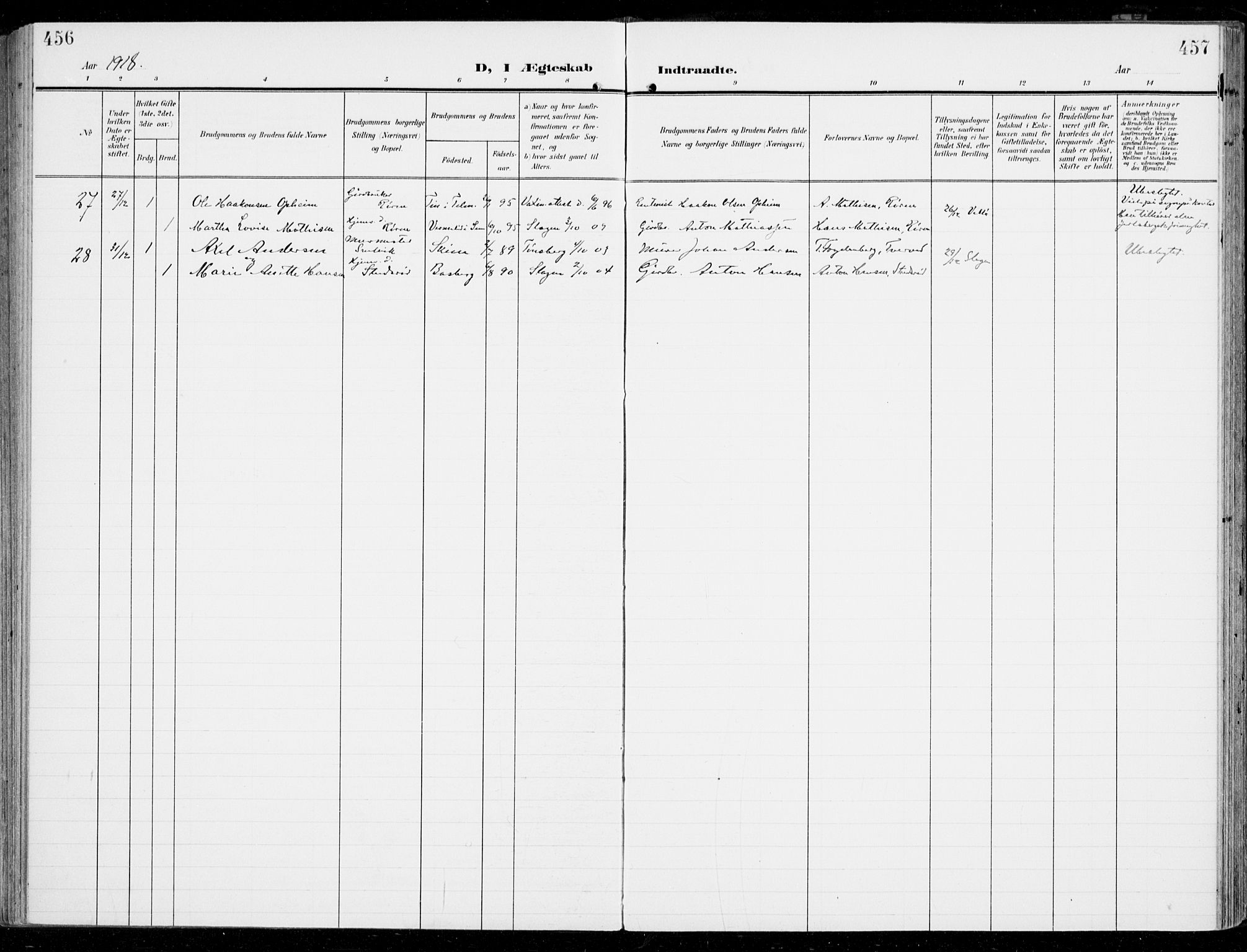 Sem kirkebøker, AV/SAKO-A-5/F/Fb/L0006: Ministerialbok nr. II 6, 1905-1918, s. 456-457