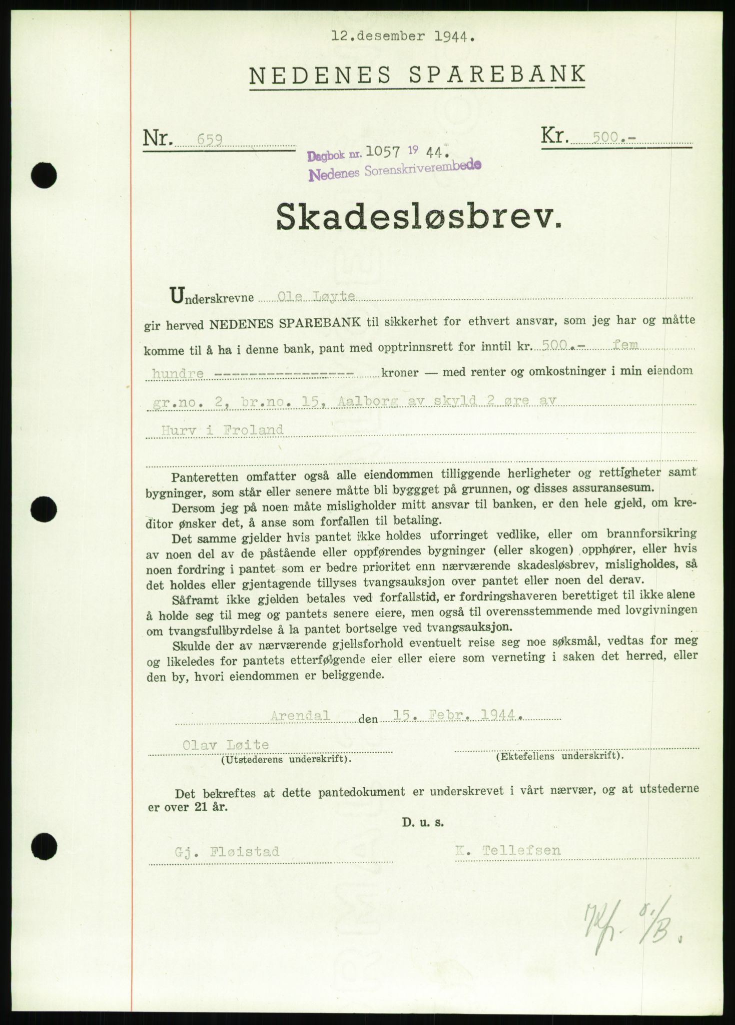 Nedenes sorenskriveri, SAK/1221-0006/G/Gb/Gbb/L0002: Pantebok nr. II, 1942-1945, Dagboknr: 1057/1944