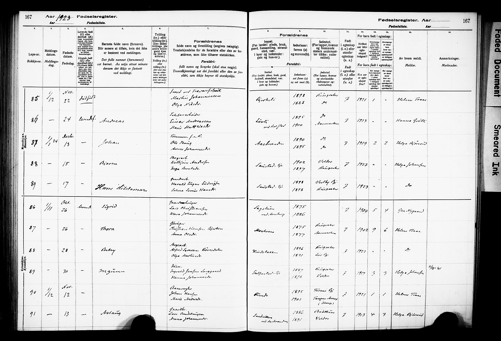 Ringsaker prestekontor, AV/SAH-PREST-014/O/Oa/L0001: Fødselsregister nr. 1, 1916-1925, s. 167