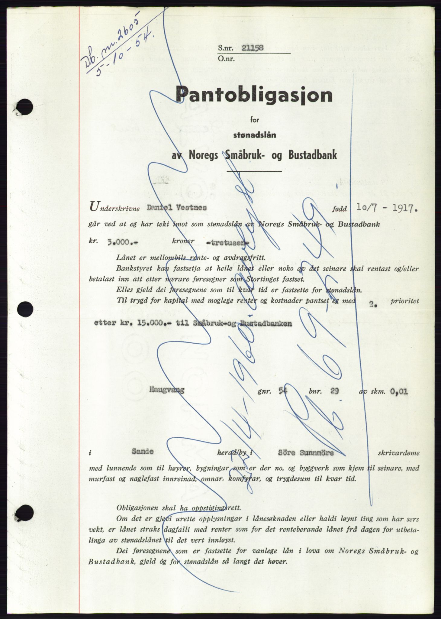 Søre Sunnmøre sorenskriveri, AV/SAT-A-4122/1/2/2C/L0126: Pantebok nr. 14B, 1954-1955, Dagboknr: 2605/1954