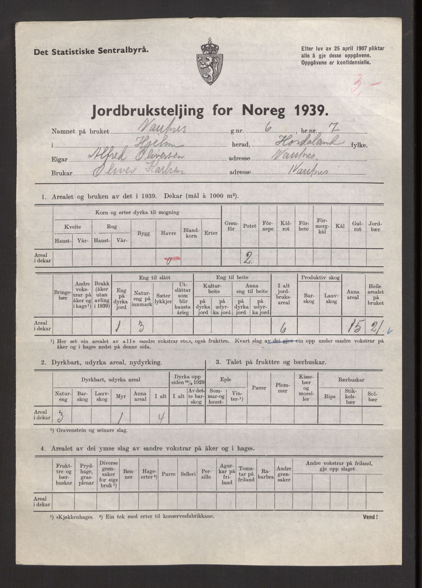 Statistisk sentralbyrå, Næringsøkonomiske emner, Jordbruk, skogbruk, jakt, fiske og fangst, AV/RA-S-2234/G/Gb/L0211: Hordaland: Herdla, Hjelme og Manger, 1939, s. 1245