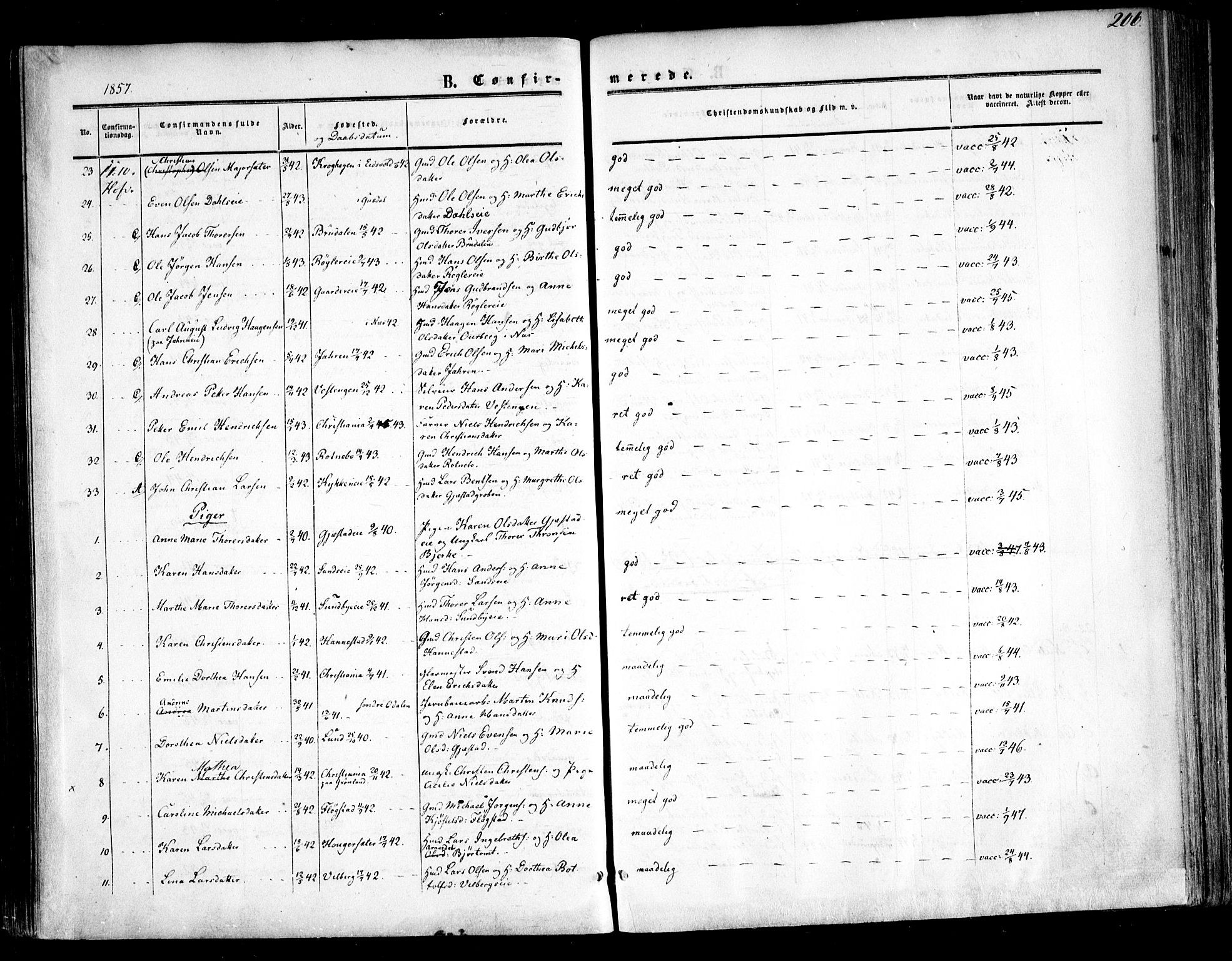 Ullensaker prestekontor Kirkebøker, AV/SAO-A-10236a/F/Fa/L0015.a: Ministerialbok nr. I 15A, 1851-1862, s. 206