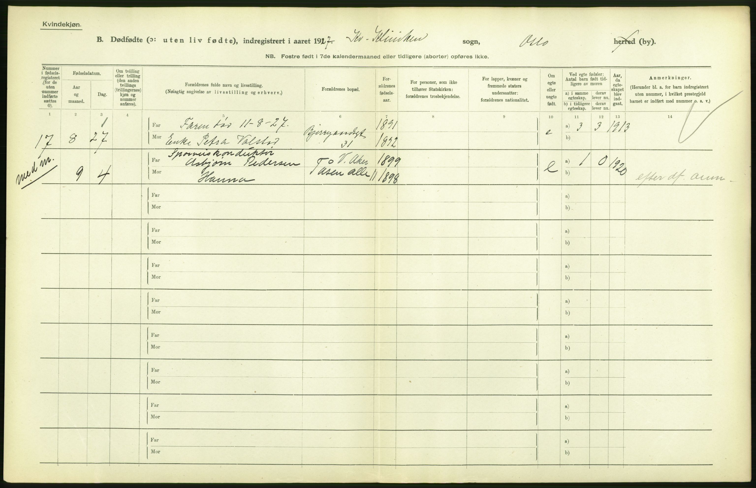 Statistisk sentralbyrå, Sosiodemografiske emner, Befolkning, AV/RA-S-2228/D/Df/Dfc/Dfcg/L0010: Oslo: Døde kvinner, dødfødte, 1927, s. 42