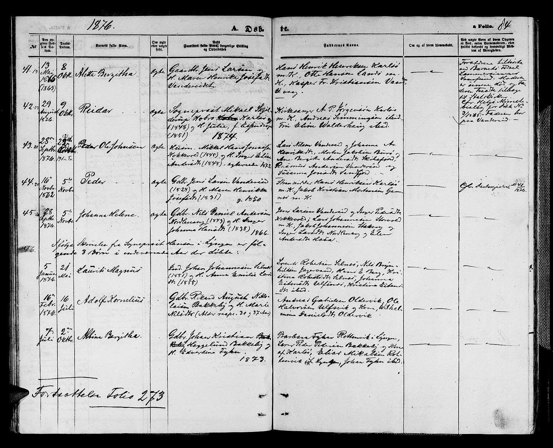 Karlsøy sokneprestembete, AV/SATØ-S-1299/H/Ha/Hab/L0003klokker: Klokkerbok nr. 3, 1862-1877, s. 84