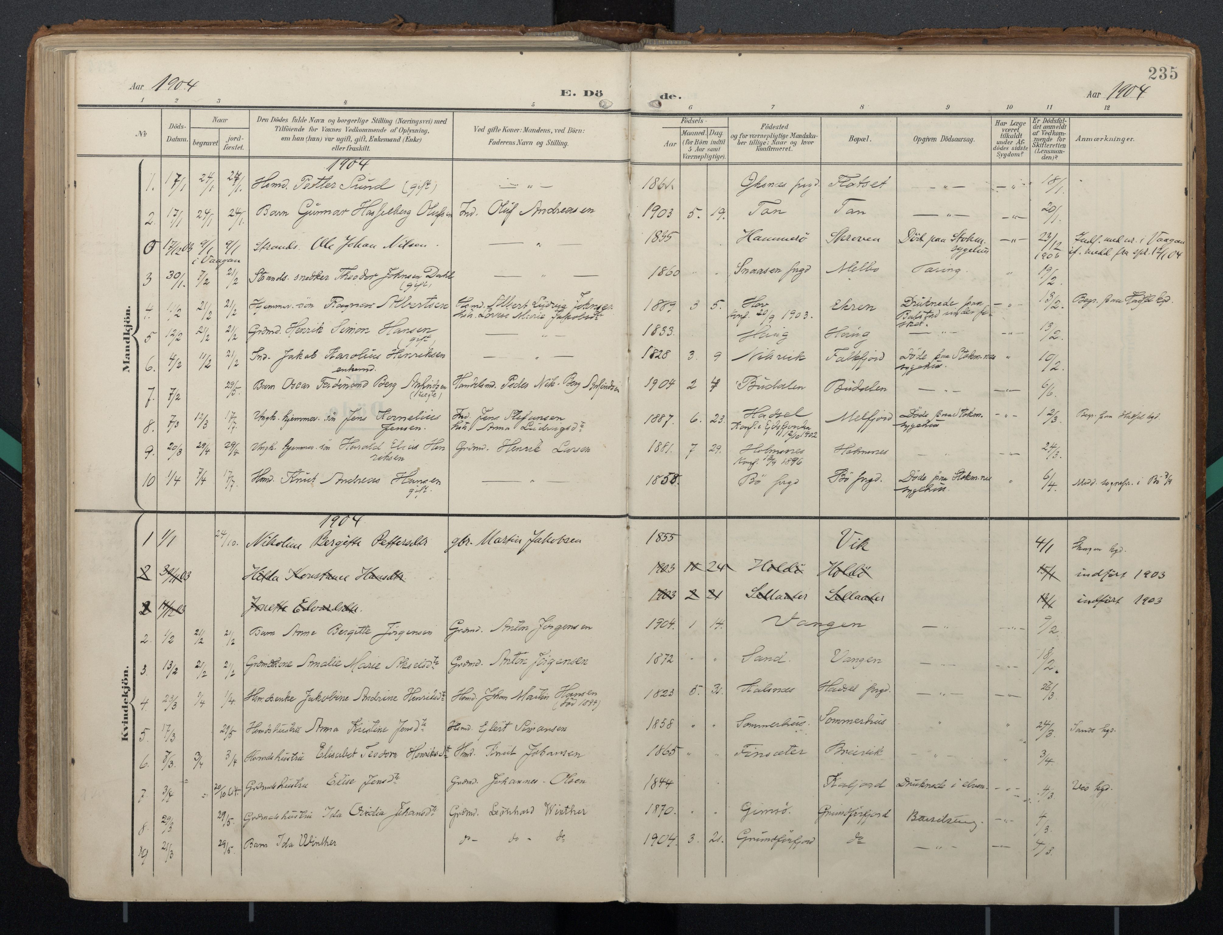 Ministerialprotokoller, klokkerbøker og fødselsregistre - Nordland, AV/SAT-A-1459/888/L1248: Ministerialbok nr. 888A14, 1904-1913, s. 235