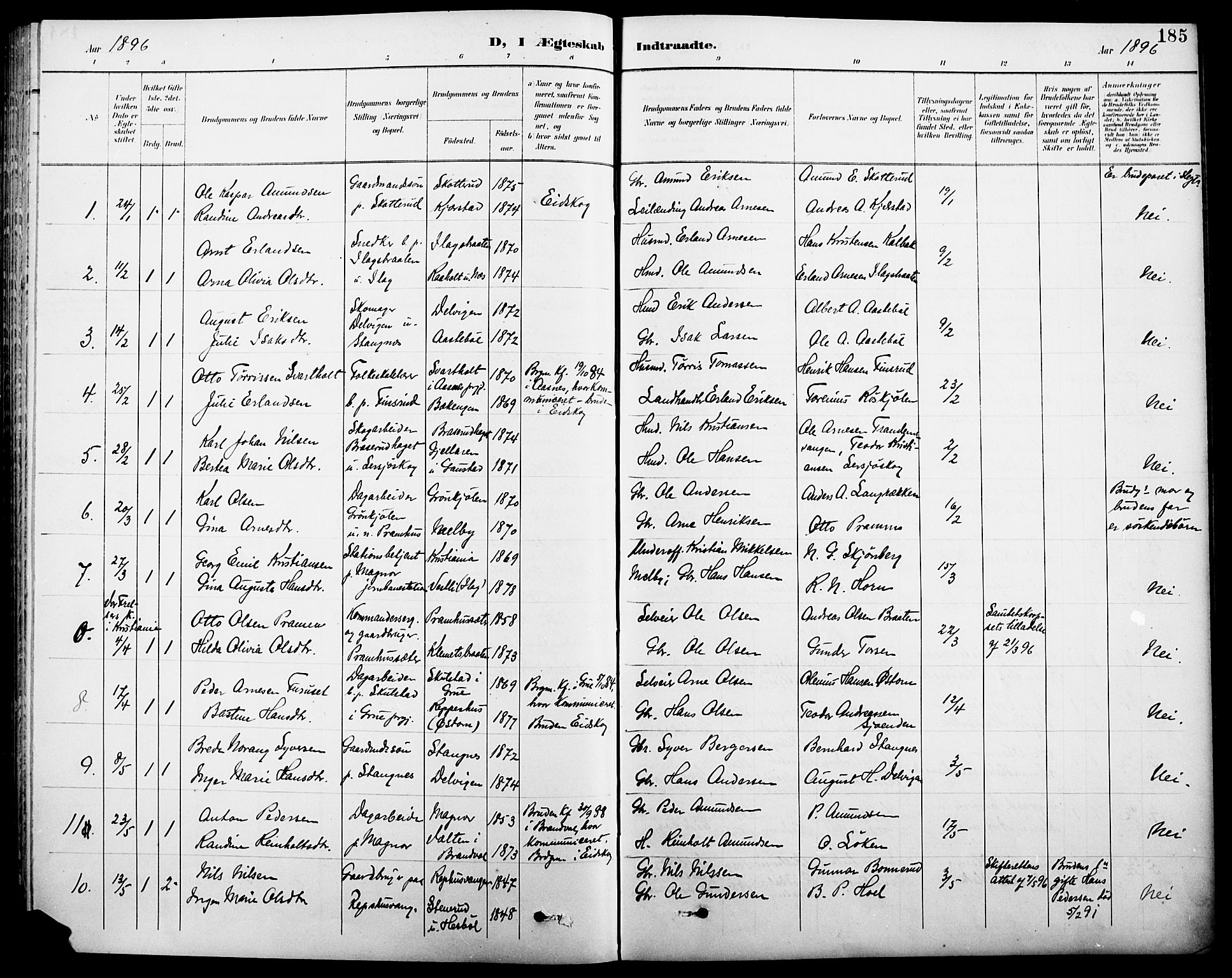 Eidskog prestekontor, AV/SAH-PREST-026/H/Ha/Hab/L0001: Klokkerbok nr. 1, 1895-1917, s. 185
