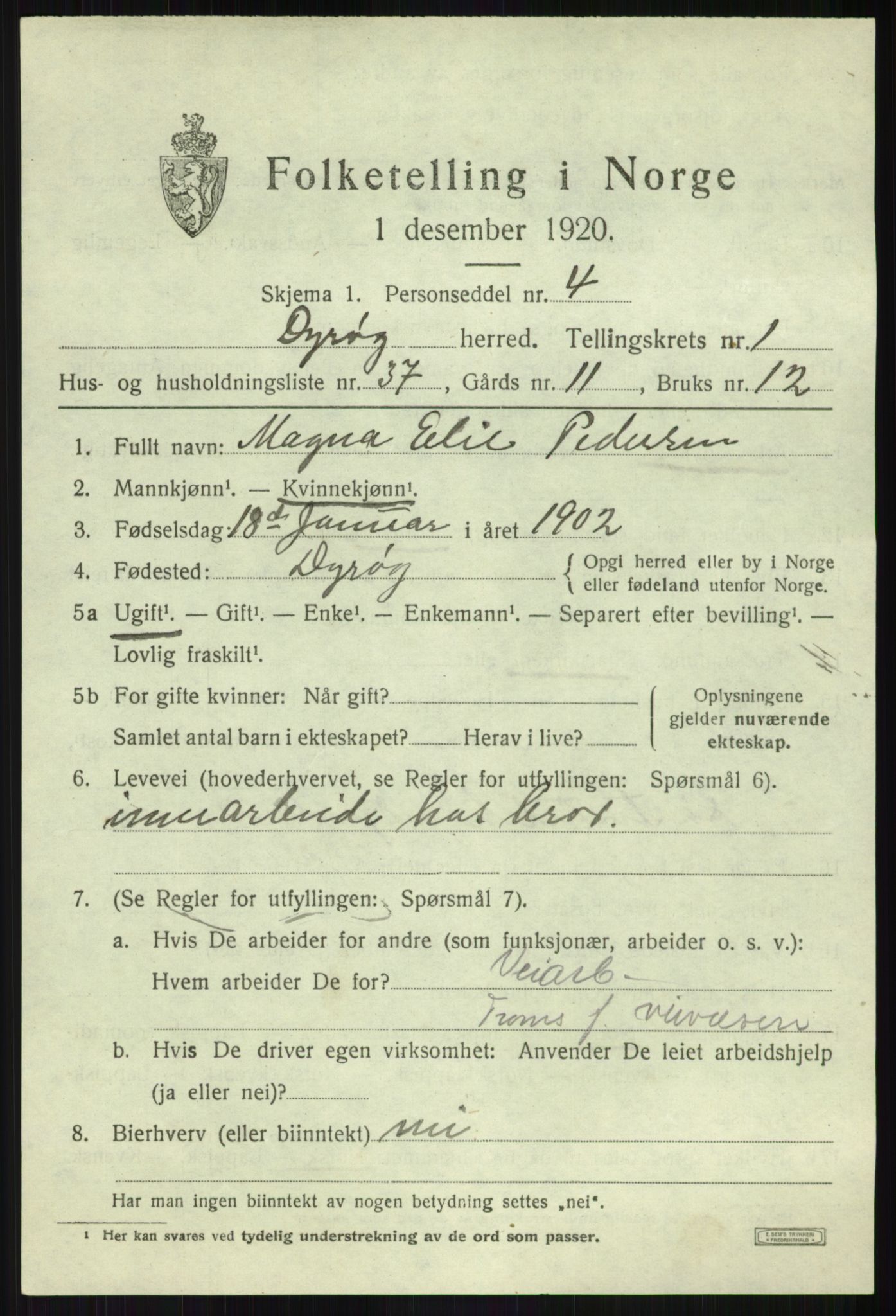 SATØ, Folketelling 1920 for 1926 Dyrøy herred, 1920, s. 1173