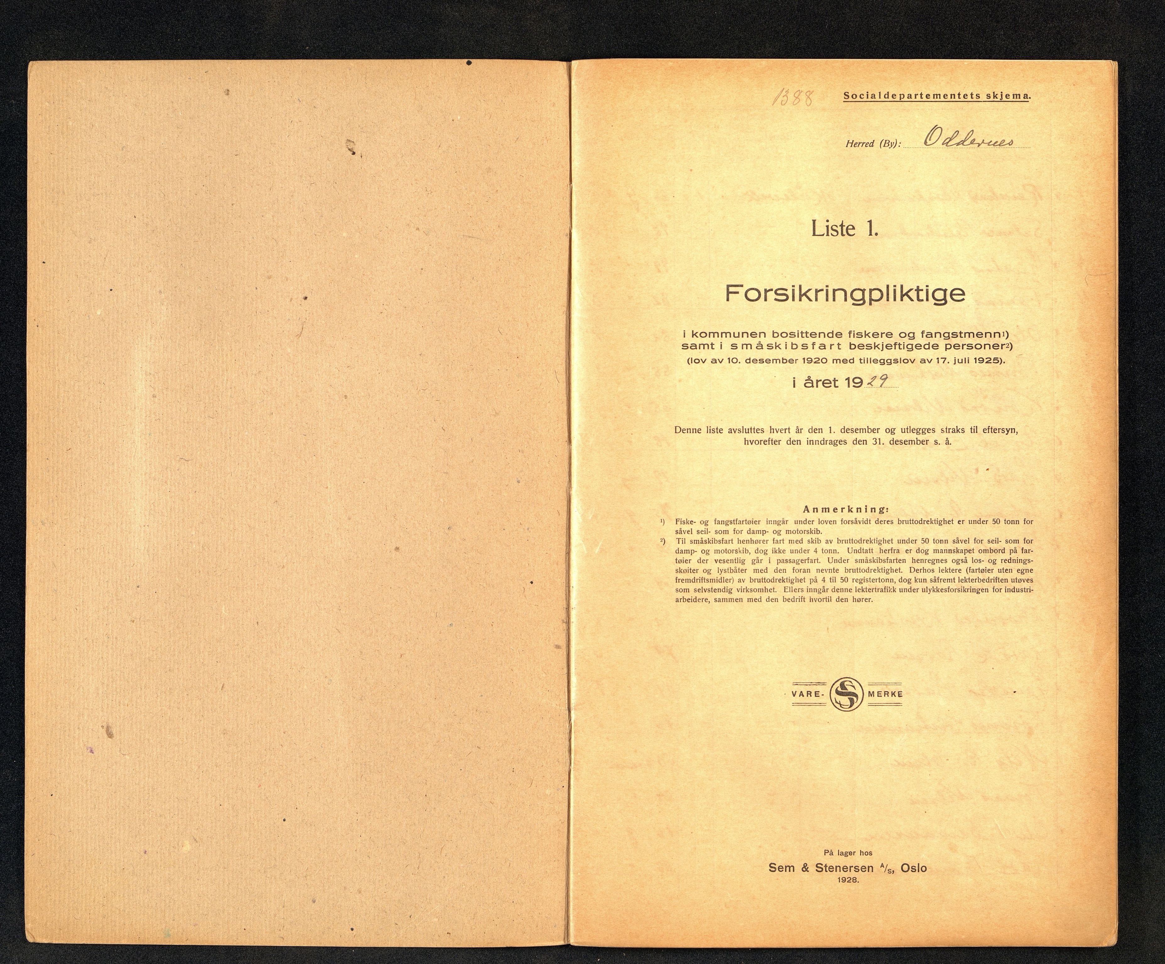 Oddernes kommune - Fiskermanntallnemnda, ARKSOR/1001OD622/F/L0001/0003: Manntall over forsikringspliktige fiskere og fangstmenn / Manntall over forsikringspliktige fiskere og fangstmenn, 1929