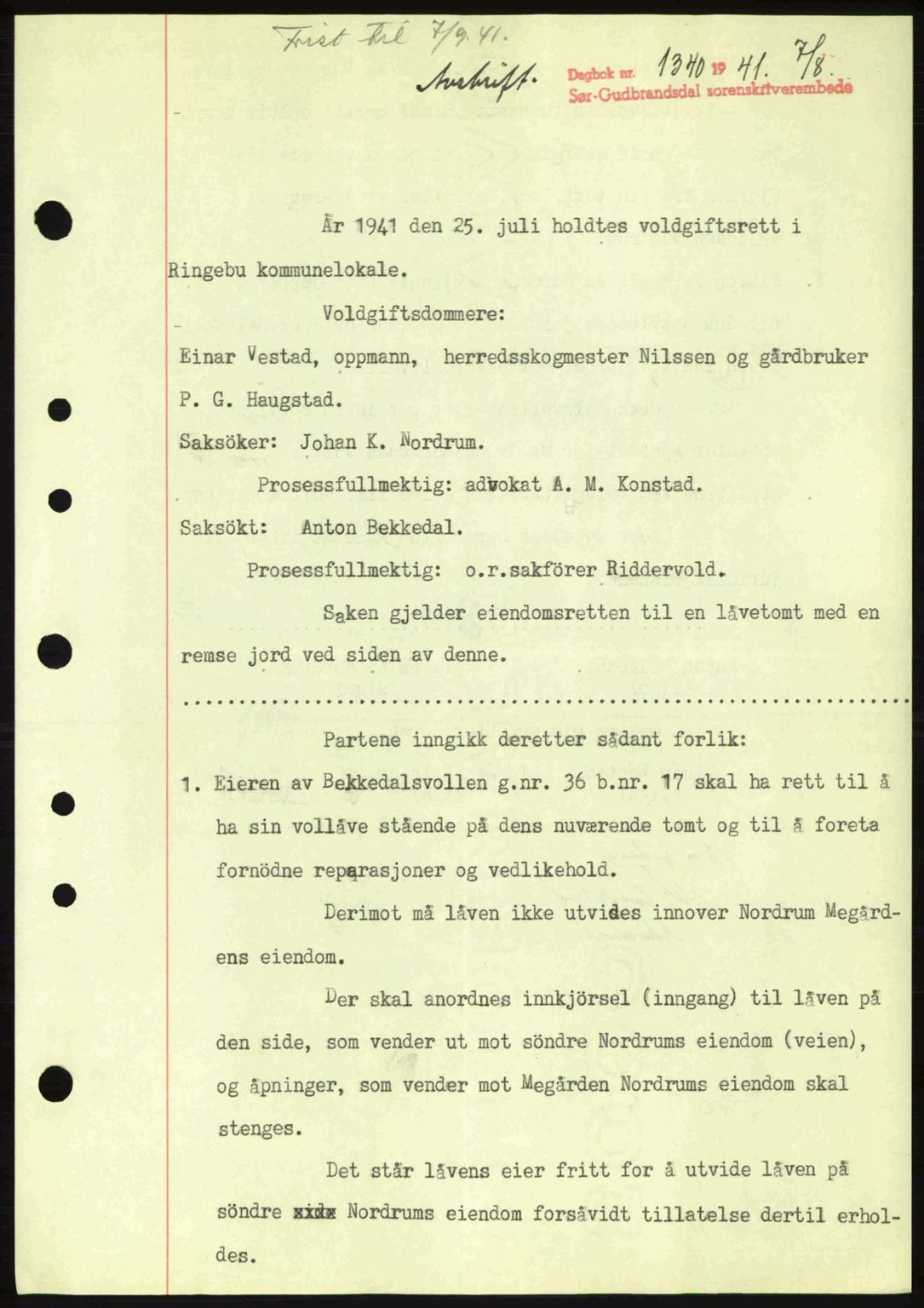 Sør-Gudbrandsdal tingrett, SAH/TING-004/H/Hb/Hbe/L0002: Pantebok nr. B2, 1939-1943, Dagboknr: 1340/1941