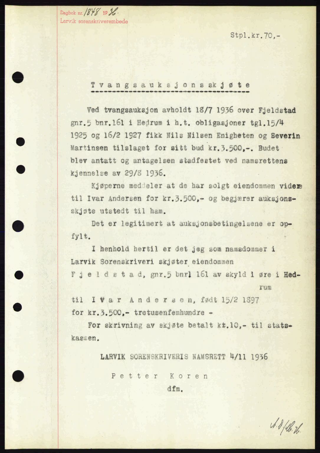 Larvik sorenskriveri, SAKO/A-83/G/Ga/Gab/L0067: Pantebok nr. A-1, 1936-1937, Dagboknr: 1848/1936