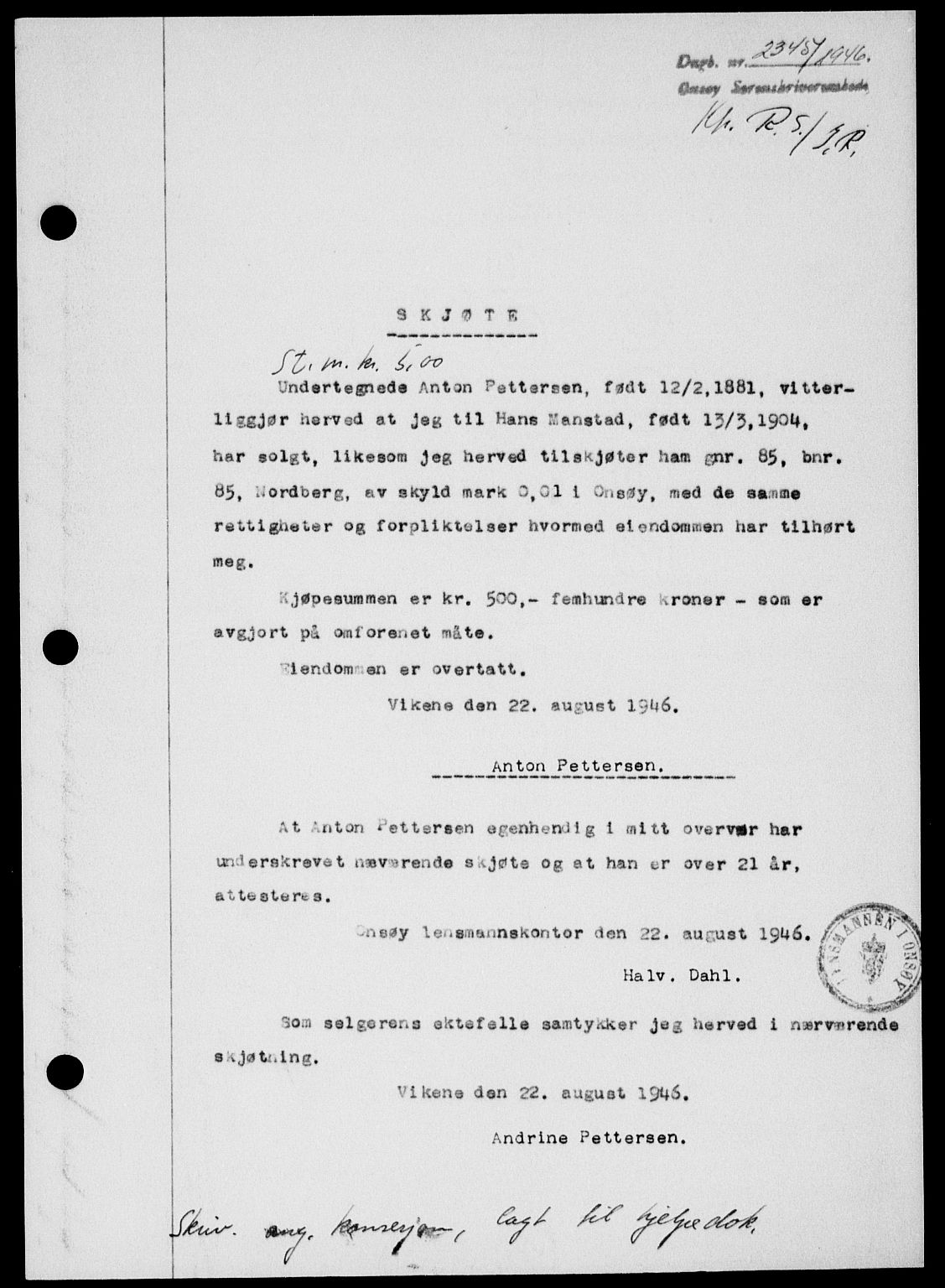 Onsøy sorenskriveri, SAO/A-10474/G/Ga/Gab/L0017: Pantebok nr. II A-17, 1946-1946, Dagboknr: 2345/1946