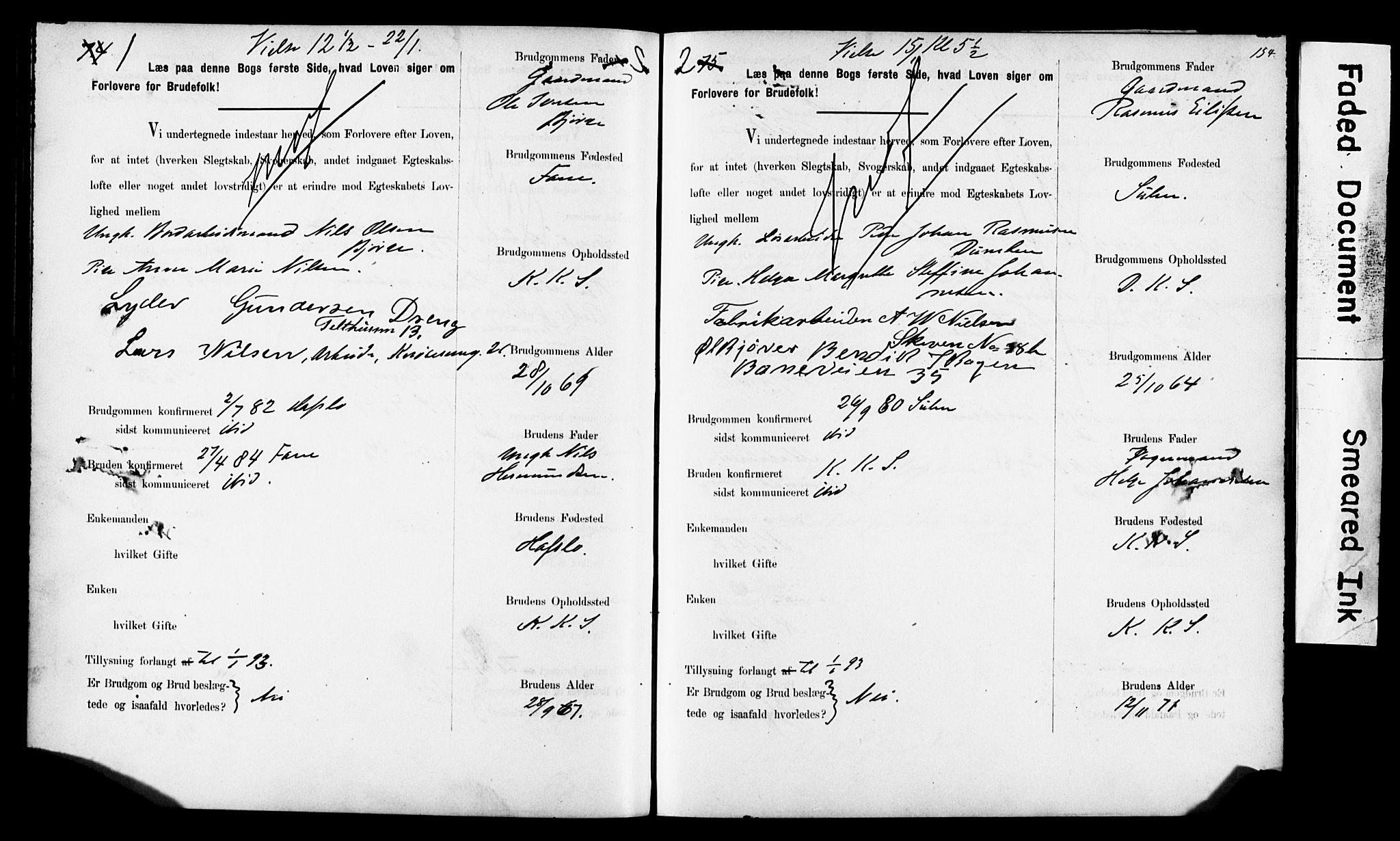 Korskirken sokneprestembete, SAB/A-76101: Forlovererklæringer nr. II.5.6, 1889-1898, s. 154