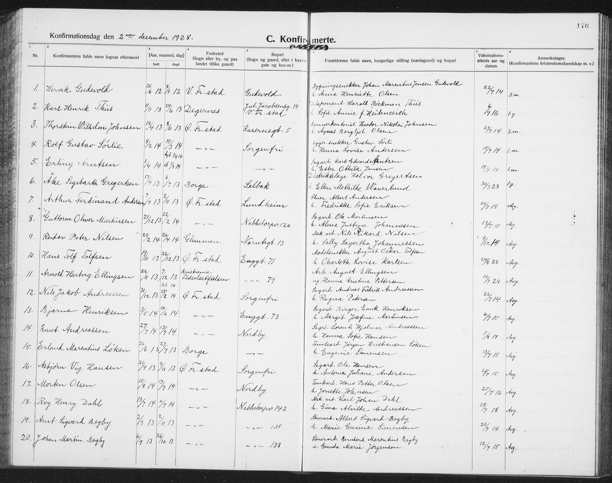 Østre Fredrikstad prestekontor Kirkebøker, AV/SAO-A-10907/G/Ga/L0003: Klokkerbok nr. 3, 1920-1940, s. 176
