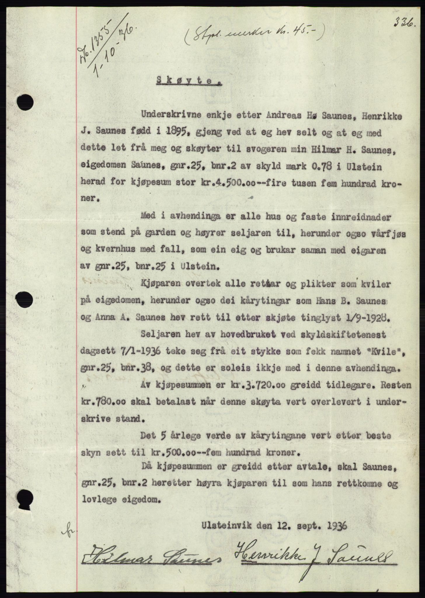 Søre Sunnmøre sorenskriveri, SAT/A-4122/1/2/2C/L0061: Pantebok nr. 55, 1936-1936, Dagboknr: 1355/1936