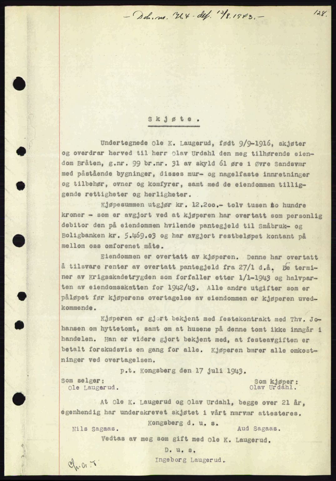 Numedal og Sandsvær sorenskriveri, SAKO/A-128/G/Ga/Gaa/L0055: Pantebok nr. A7, 1943-1944, Dagboknr: 764/1943