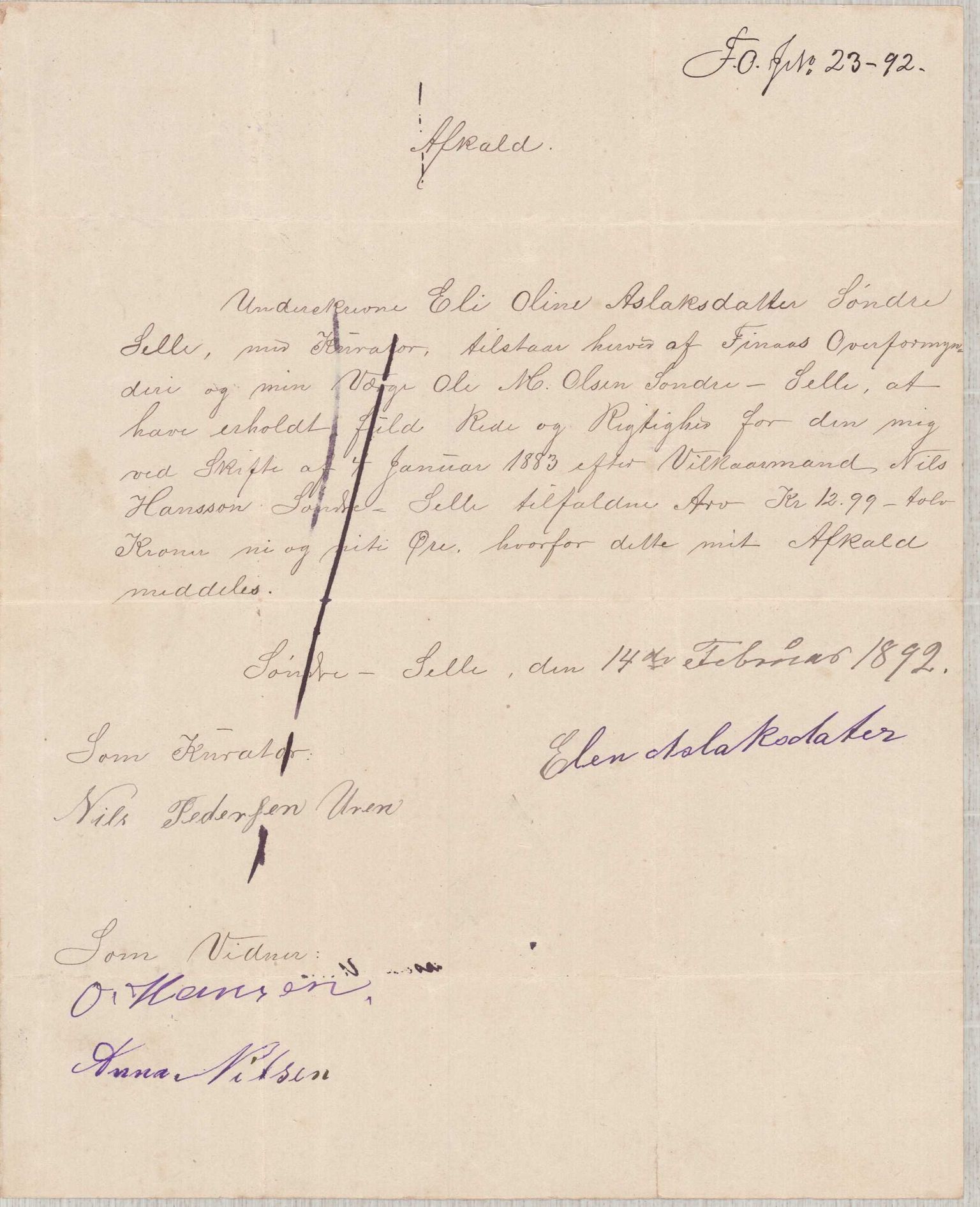 Finnaas kommune. Overformynderiet, IKAH/1218a-812/F/Fb/Fba/L0005/0003: Avkall. Kvitteringar. Mindre rulle / Avkall. Kvitteringar. Mindre rulle, 1891-1899, s. 14