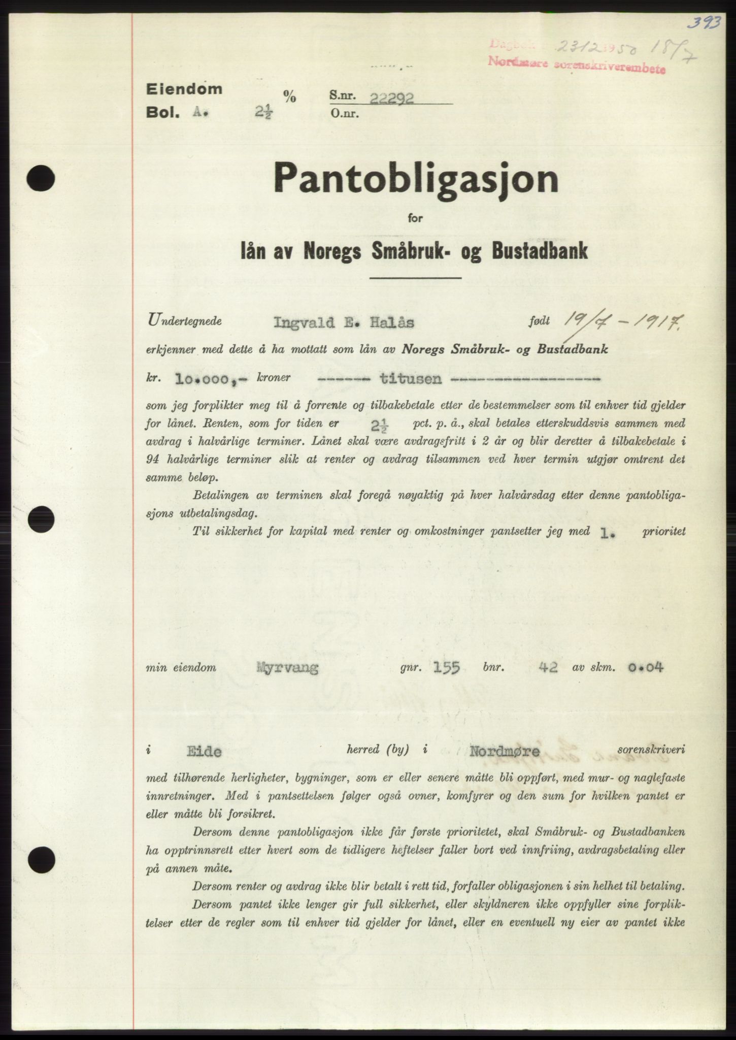 Nordmøre sorenskriveri, AV/SAT-A-4132/1/2/2Ca: Pantebok nr. B105, 1950-1950, Dagboknr: 2312/1950