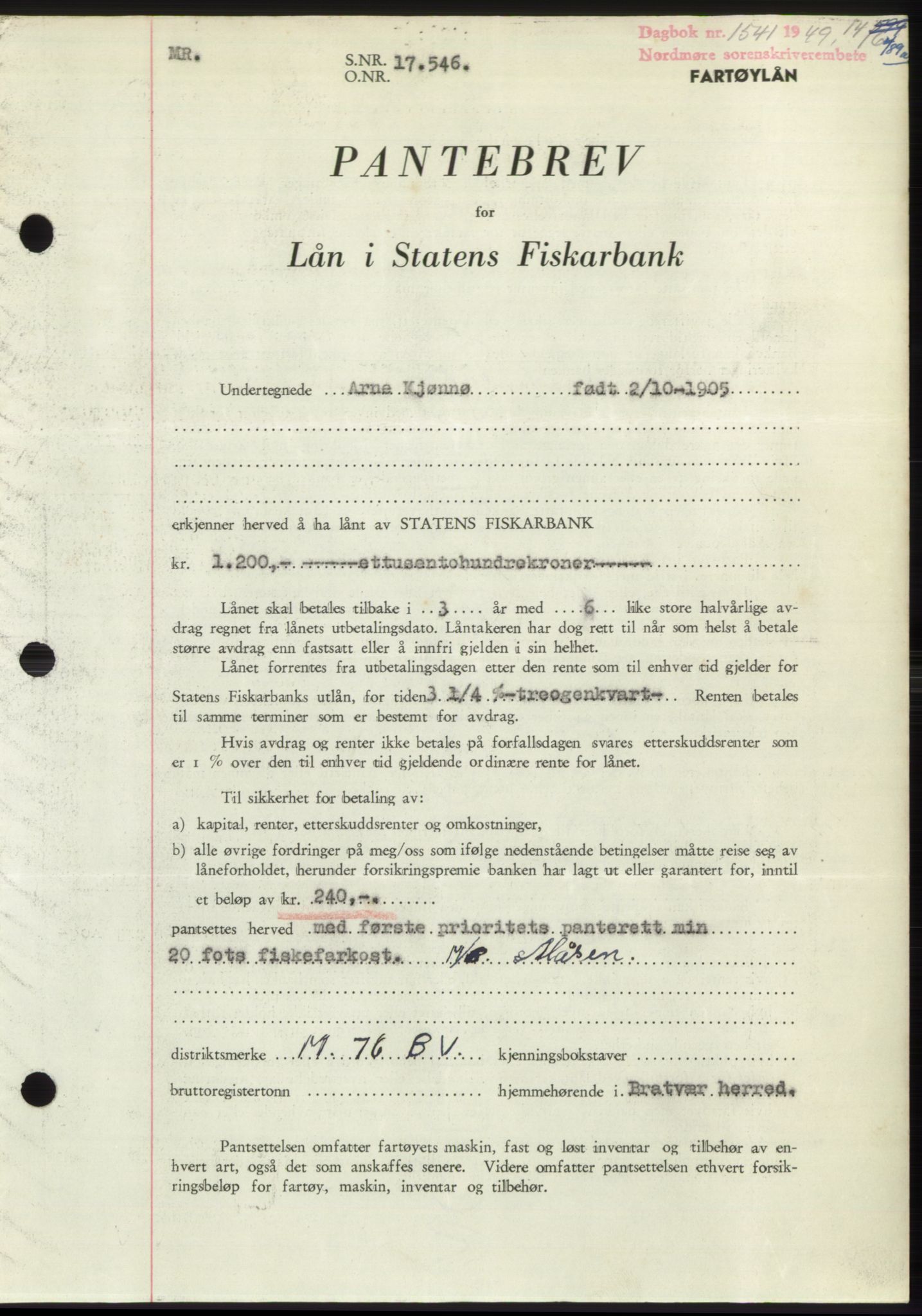 Nordmøre sorenskriveri, SAT/A-4132/1/2/2Ca: Pantebok nr. B101, 1949-1949, Dagboknr: 1541/1949