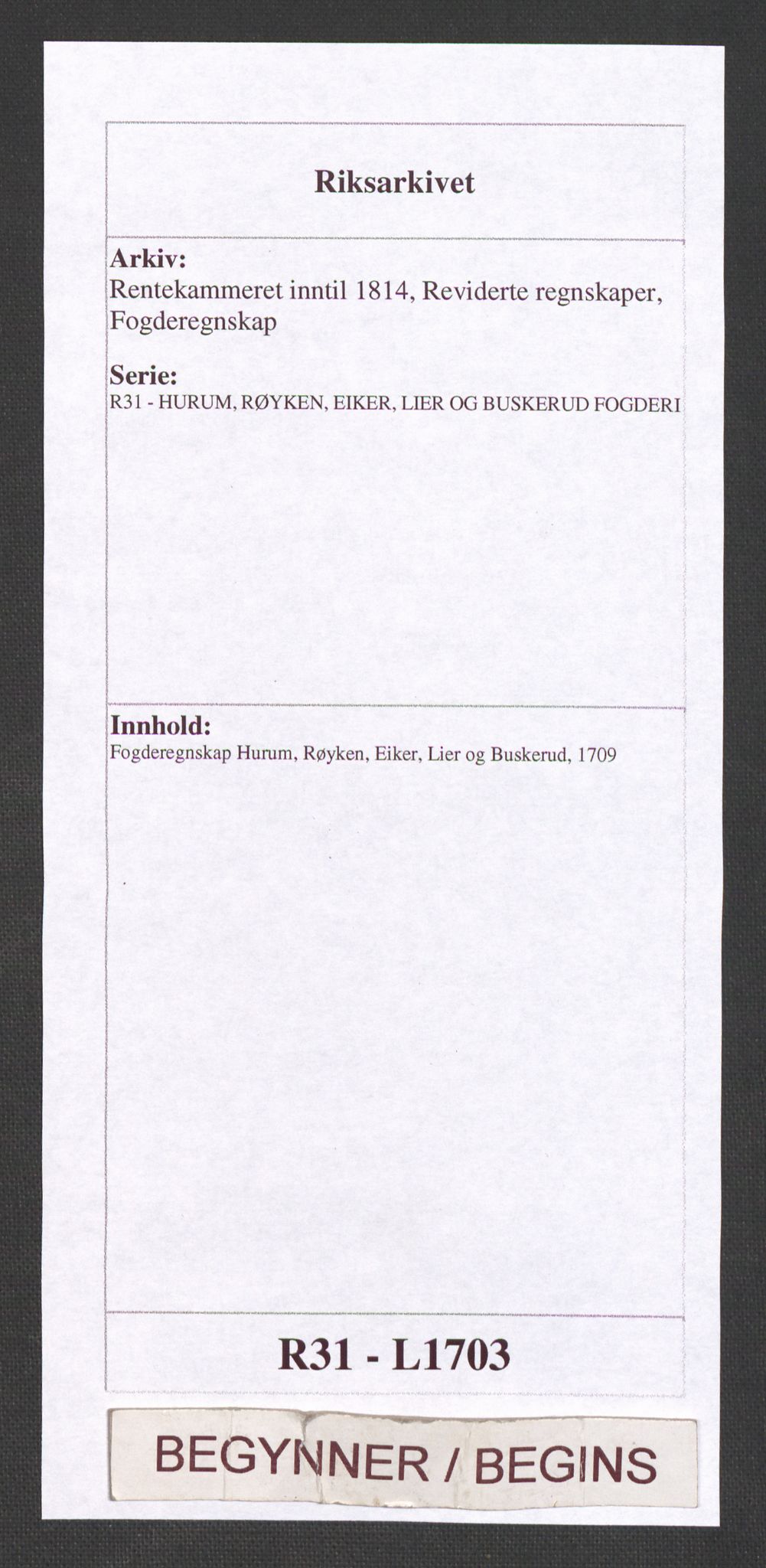 Rentekammeret inntil 1814, Reviderte regnskaper, Fogderegnskap, AV/RA-EA-4092/R31/L1703: Fogderegnskap Hurum, Røyken, Eiker, Lier og Buskerud, 1709, s. 1