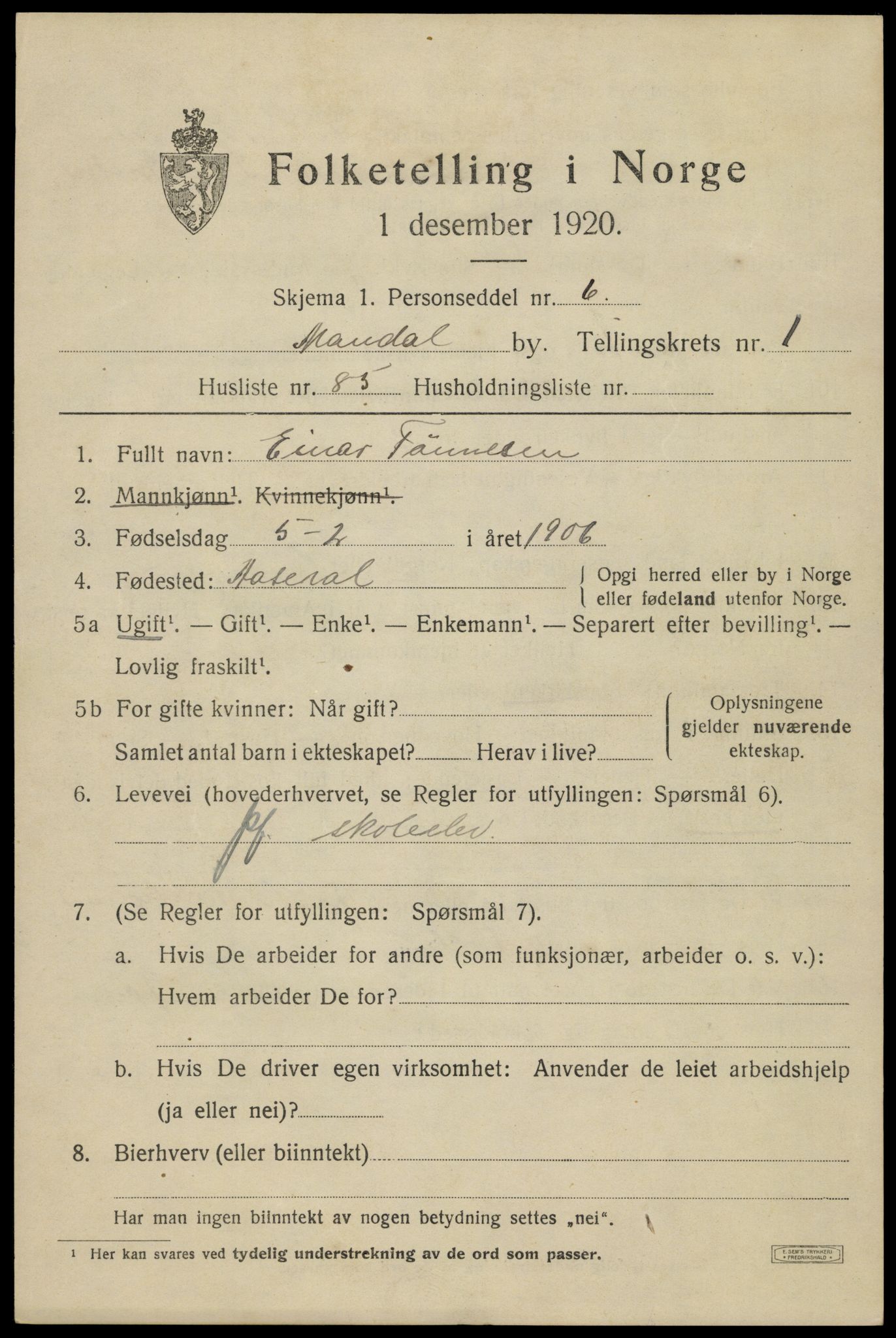 SAK, Folketelling 1920 for 1002 Mandal ladested, 1920, s. 4125