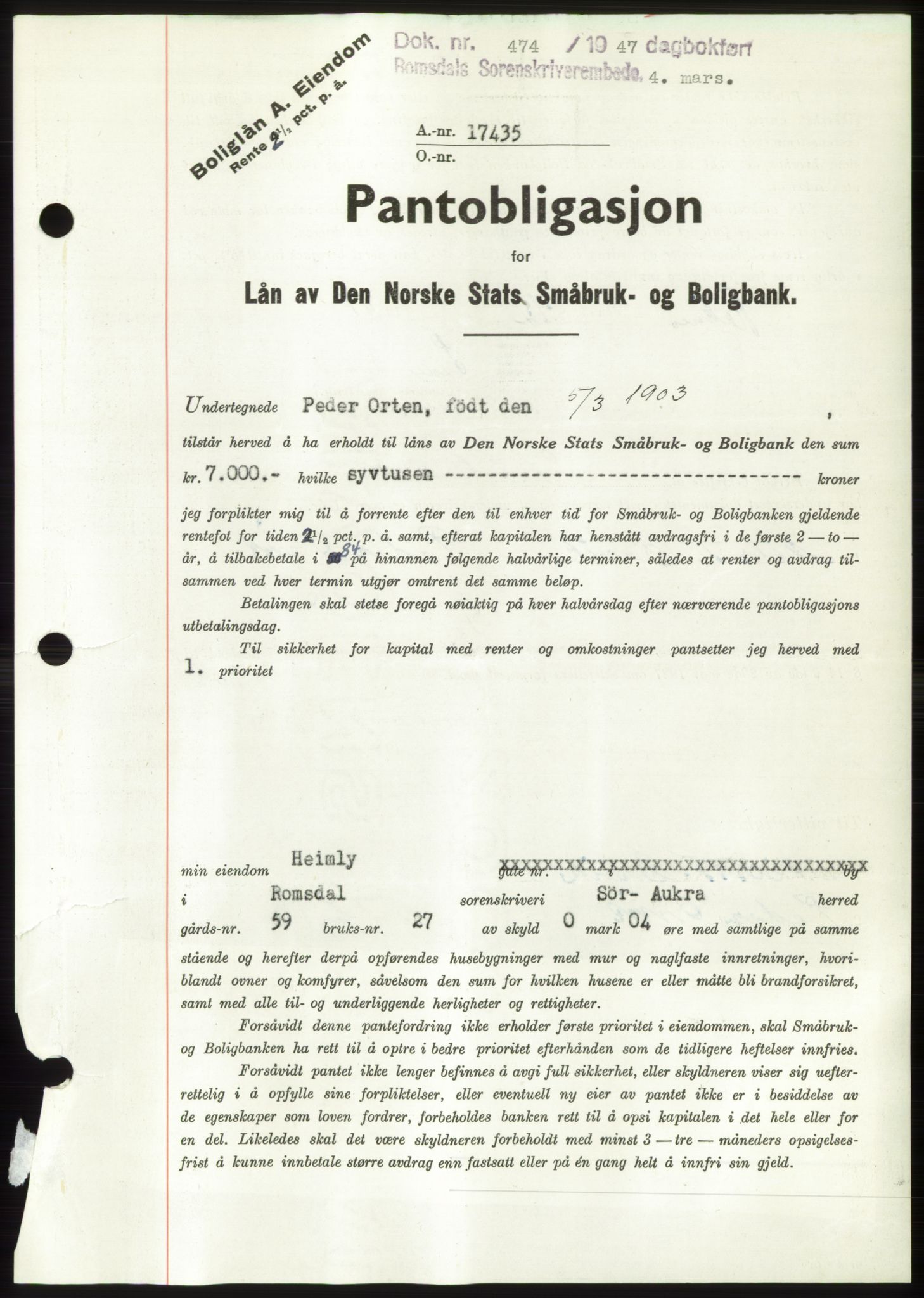 Romsdal sorenskriveri, SAT/A-4149/1/2/2C: Pantebok nr. B3, 1946-1948, Dagboknr: 474/1947