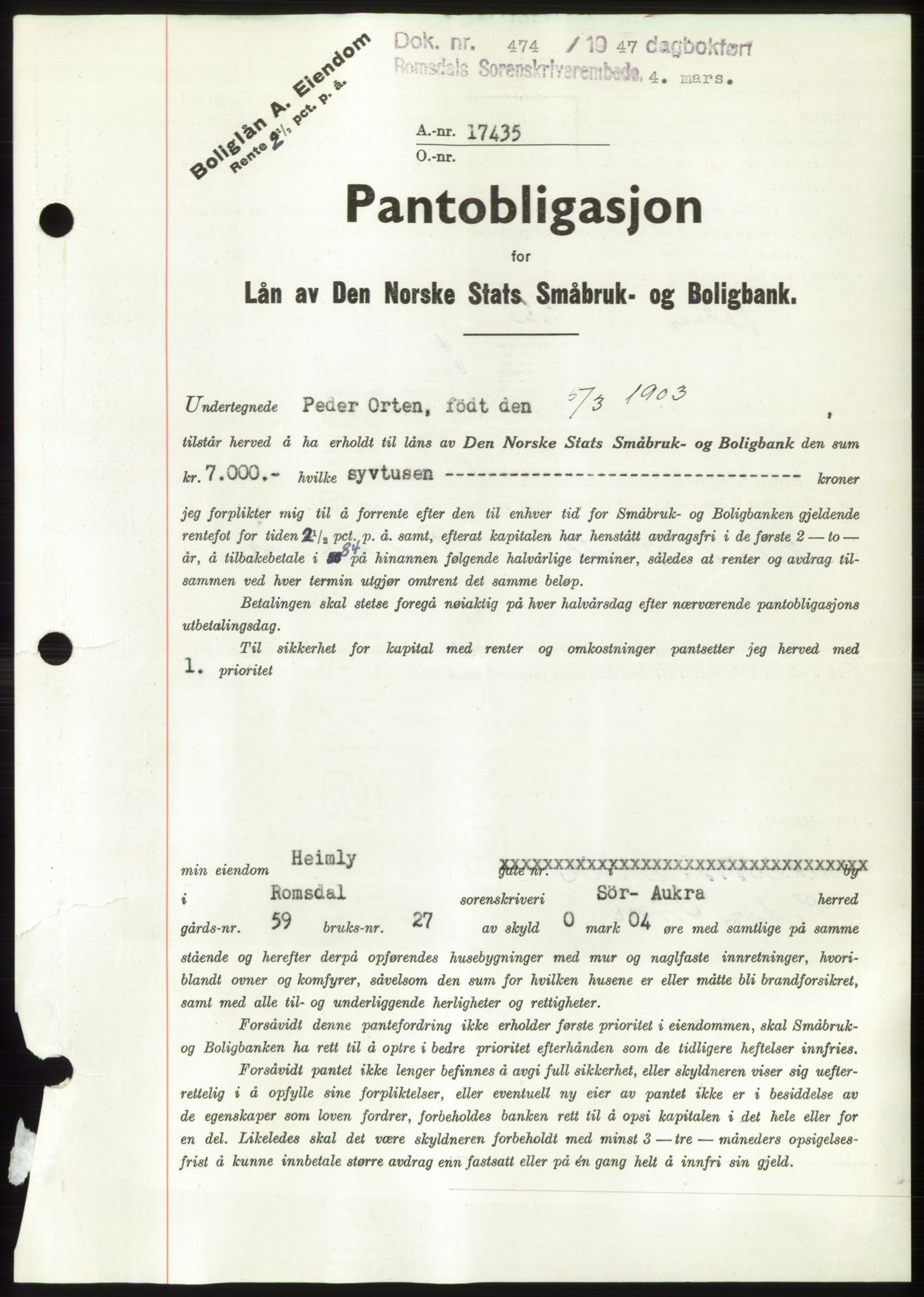 Romsdal sorenskriveri, AV/SAT-A-4149/1/2/2C: Pantebok nr. B3, 1946-1948, Dagboknr: 474/1947